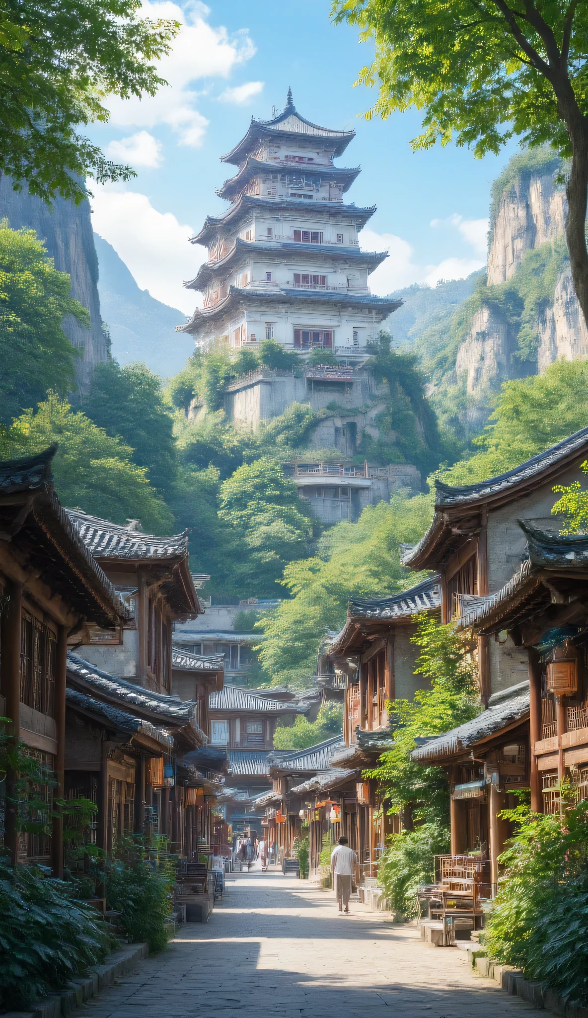 The、Asian village in a ravine、ロス・トランの写真です♪絵のように美しい背景、temple digital painting、cyberpunk、background in high definition is an ancient castle、a dream city in China、Highly Detailed Digital Paintings、highly detailed digital paint、Detailed Scenery 。