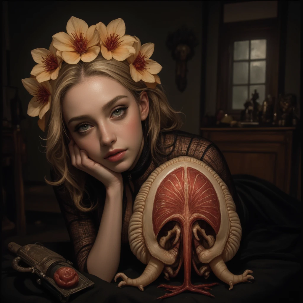 (extremadamente detallado, obra maestra, La mejor calidad), Estilo oscuro, intense illumination, rostro con arrugas, lengua larga, tentacle, deforme, monstruoso, un anciano con Colmillos finos, amenazante. Rococo composition. Luz de caravaggio