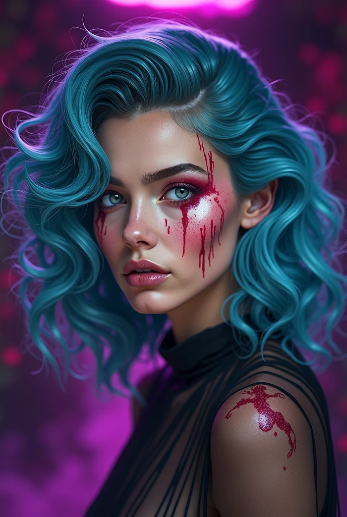 aa portrait of vampire with a bloody tear coming down from he eye, an exotic beautiful female vampire, dynamic hair color hair color, dynamic hair style, ultra detailed face, best detailed face, silver eye color, ((1single red teardrop: 1.3)), ((tear drop made from blood)), ((teardrop coming down from the eye: 1.3)), small cleavage, wearing two black diamond earrings, Ultra-high resolution, High Contrast, (masterpiece:1.5), highest quality, Best aesthetics), 16K fantasy art, best details, best quality, highres, (ultra wide angle: 1.2), 16k, [ultra detailed], masterpiece, best quality, (extremely detailed), ladyshadow, magical sky, crying style, vampire teeth