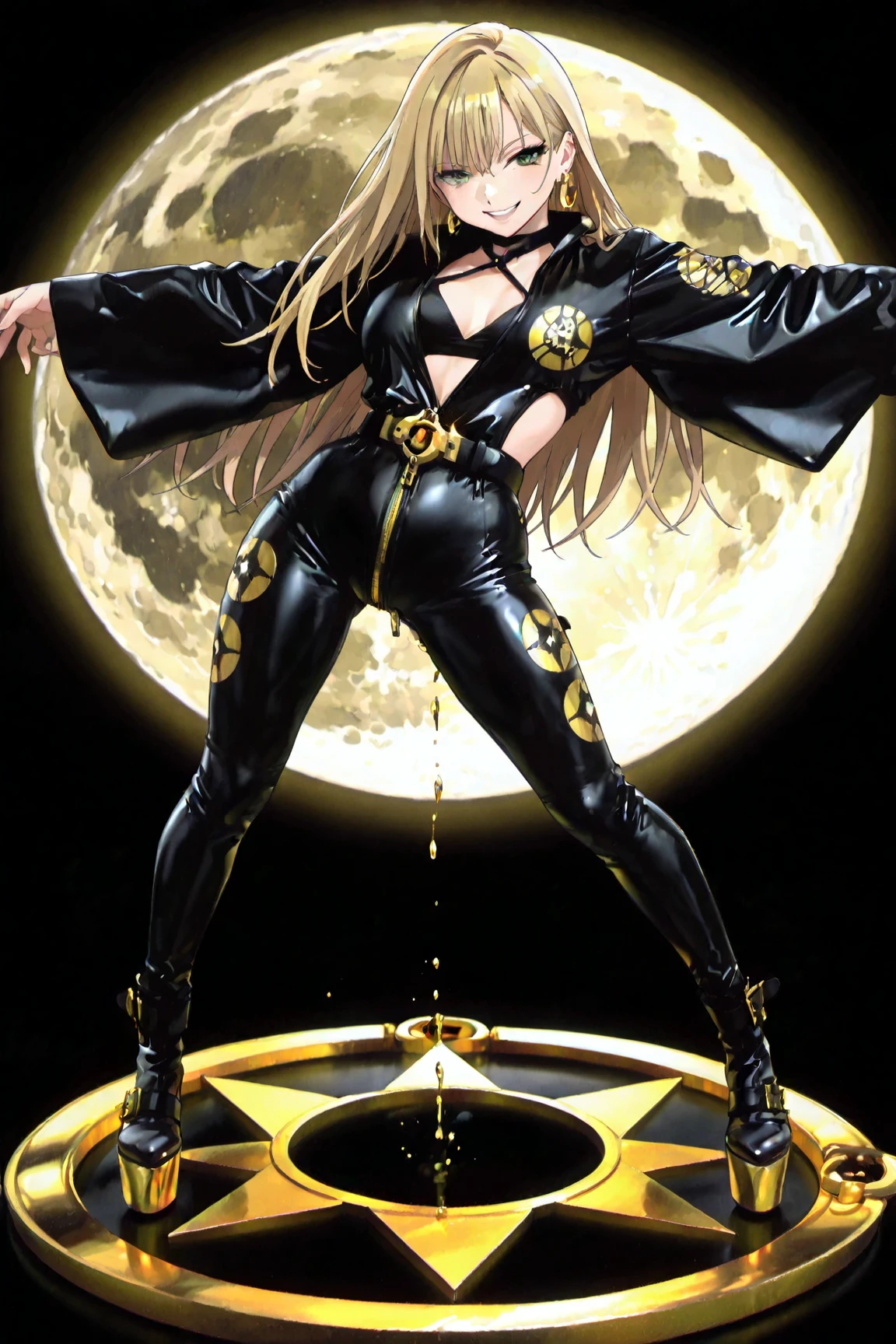 Maetel、Of 999、One 19-year-old woman、Long golden hair、Hands at Side in Christ Pose、Crucifixion Black Coat、Golden Handcuffs,Gold chain,Golden Collar,Big Breasts、Large Breasts、Hands are tied in handcuffs,Tears flow,