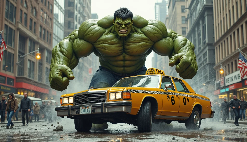 Hulk lifting a taxi with Lebron James in it