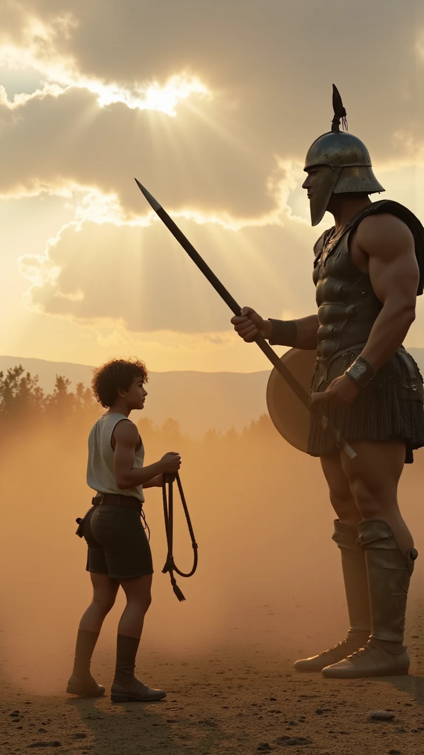Ancient Roman muscular barefoot giant warrior,The height is 50 meters taller than a house，Caucasians，There are many short humans at their feet