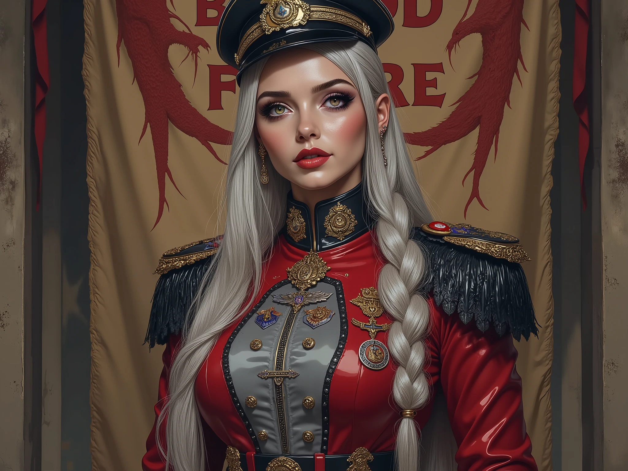 Detailed multi-colored proportions and textures with airbrushed brushstrokes presenting a semi-realistic illustration A beautiful and strong young woman wearing an military uniform style epic fantasy, gothic armor where grayish black tones predominate, mixed with vivid colors (full body, with a confident and bold posture, playful gaze, bright golden purple eyes, defined eyebrows, long eyelashes, perfect face, full lips, huge round breasts, flat stomach, wide hips, slim waist, thick thighs), Her long straight silver hair is tied in a (long) braid falling down her back. Her uniform consists of a red, gray and white shirt beautifully decorated with military orders, decorations and medals, a tight high-waisted knee-length pencil skirt and an officer's beret decorated with a military police badge.In the background, a cloth military banner with bold red letters reading "BLOOD AND FIRE" and an image, in the style of the Targaryen noble house emblems, of a three-headed dragon with its wings spread. The composition, halfway between vintage and Romanesque Gothic, of the overall image is a clean, crisp, and high-quality masterpiece. very balanced saturation across very defined color palettes (Color with intense monochromatic shaded tones and brightness, red hue 25% + yellow 25% + blue 25% + biofluorescent 12.5% ​​​​​​+ transparencies 12.5%. Aesthetic fusion by (Fibonacci ratio. A realistic doll of a young military woman. of a young military woman (Includes a variety of pink skin and dark beige tones that give it contrast and brightness) type of character. Fluid texture that gives the sensation of movement to the leafy style that molds to the figure (her clothing with relief and folds gives volume and depth to the character). Haute couture photoshoot (high quality full body). Highly detailed and sharp soft focus, approaching perfection, Full HD 8K. High and low angles. by Coco Chanel, Gianni Versace, Alberto Vargas, Greg Rutkowsk fusion of artistic styles.