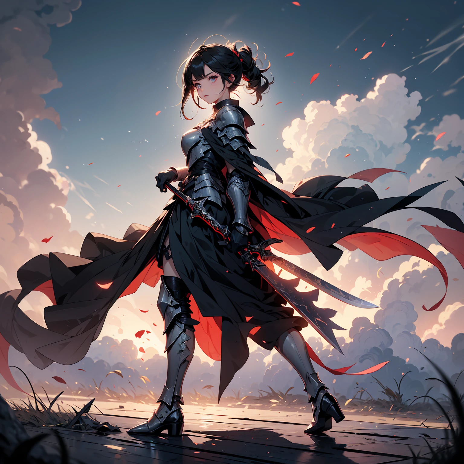 military girl, black hair and blue eyes, anime style, with blood, a sword, with serious expression, surrounded by red flowers, on a war field