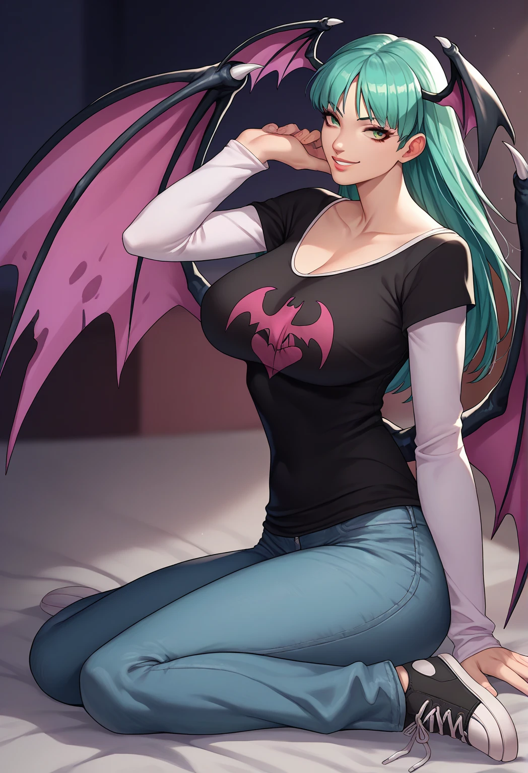 official art, extremely detailed CG unity 8k wallpaper, perfect lighting, Colorful, (((wearing a white tshirt))), (green fashion thong underwear), facial portrait, sexy stare, smirked, fighting stance, looking at viewer, thighs, indoors, (bedroom background), green_eyes, green_hair, sitting on a bed, happy, thigh gap, underwear, breasts, bangs, demon_girl, head_wings, long_hair, wings, animal_print, pantyhose, bat_print, bat_wings, print_legwear, bridal_gauntlets, large_breasts, black_wings, black_footwear, bat print, purple_wings, low_wings, bat, purple_legwear, highleg, demon_wings, gloves, thighs, collarbone, morrigan_aensland_aiwaifu