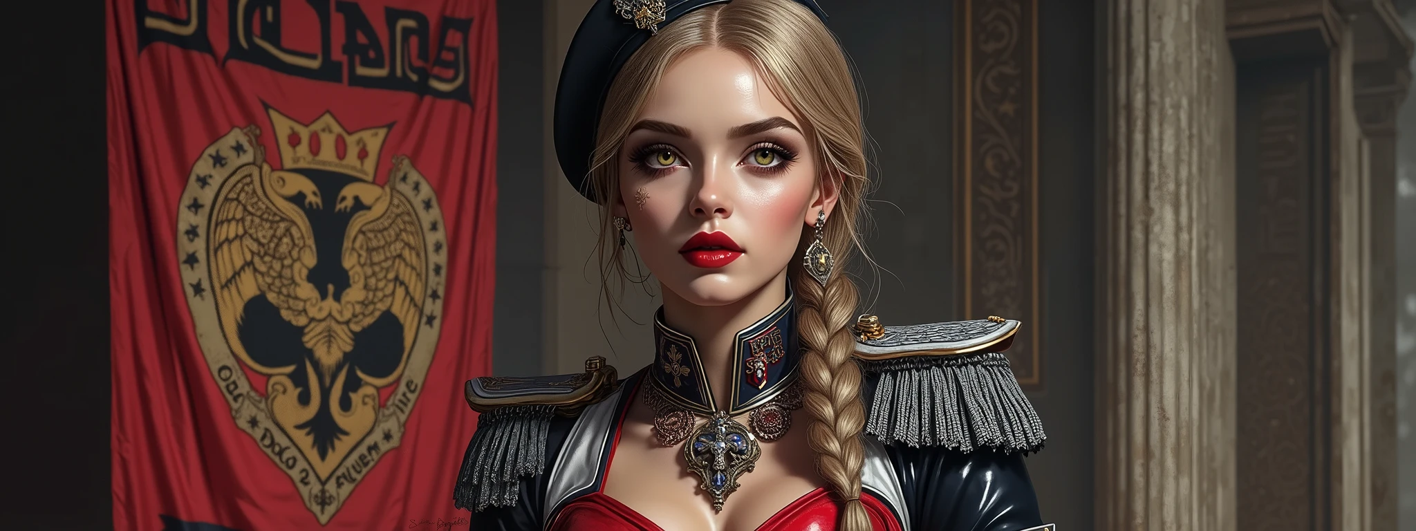 Detailed multi-colored proportions and textures with airbrushed brushstrokes presenting a semi-realistic illustration A beautiful and strong young woman wearing an military uniform style epic fantasy, gothic armor where grayish black tones predominate, mixed with vivid colors (full body, with a confident and bold posture, playful gaze, bright golden yellow eyes, defined eyebrows, long eyelashes, perfect face, full lips, huge round breasts, flat stomach, wide hips, slim waist, thick thighs), Her long straight blonde hair is tied in a (long) braid falling down her back. Her uniform consists of a red, gray and white shirt beautifully decorated with military orders, decorations and medals, a tight high-waisted knee-length pencil skirt and an officer's beret decorated with a military police badge. In the background, a cloth army banner with bold red letters reading "EMPIRE, BLOOD, FIRE" and an image in the style of noble house emblems of a dragon with open wings. The composition, halfway between vintage and Gothic-Romance style, of the overall image is a clean, crisp, and high-quality masterpiece. very balanced saturation across very defined color palettes (Color with intense monochromatic shaded tones and brightness, red hue 25% + yellow 25% + blue 25% + biofluorescent 12.5% ​​​​​​+ transparencies 12.5%. Aesthetic fusion by (Fibonacci ratio. A realistic doll of a young military woman. of a young military woman (Includes a variety of pink skin and dark beige tones that give it contrast and brightness) type of character. Fluid texture that gives the sensation of movement to the leafy style that molds to the figure (her clothing with relief and folds gives volume and depth to the character). Haute couture photoshoot (high quality full body). Highly detailed and sharp soft focus, approaching perfection, Full HD 8K. High and low angles. by Coco Chanel, Gianni Versace, Alberto Vargas, Greg Rutkowsk fusion of artistic styles.