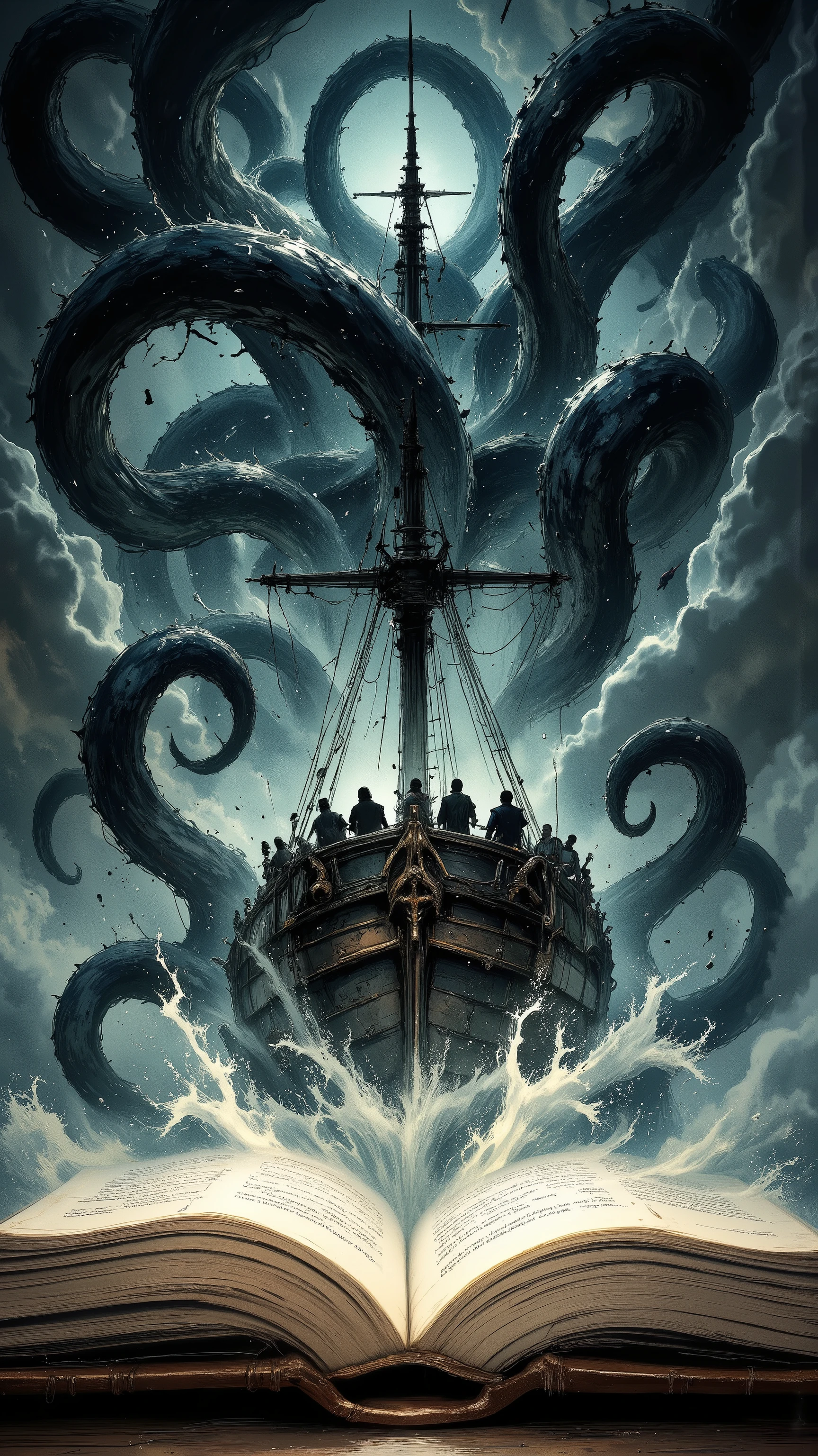 (((best quality)))、(super high image quality)、(Super Detail)、(detailed description)、(Best CG ))、(masterpiece)、ArsMJStyle、(Zen ink wash painting)、(The Kraken's Reign of Terror was a nightmare for the sailors. kraken is assault the ship),Double exposure, silhouette of an old man's upper body reading a book of Ocean Odyssey. The scene portrays an incredibly detailed 3D illustration that springs forth from that book. A majestic pirate ship, its sails fully unfurled, navigates through towering waves. The ocean appears to spill from the very pages, with splashes seeming to reach out toward the observer. The vessel itself is meticulously depicted, showcasing the wooden hull, towering mast, crow's nest, and fluttering pirate flags. High above, while trails of cannon smoke curl and dissipate in the air. The entire spectacle exudes a vivid energy, as if the ship were breaking freeh from the confines of the book, with the ocean extending beyond its edges into the viewer's world.lighting,storm,