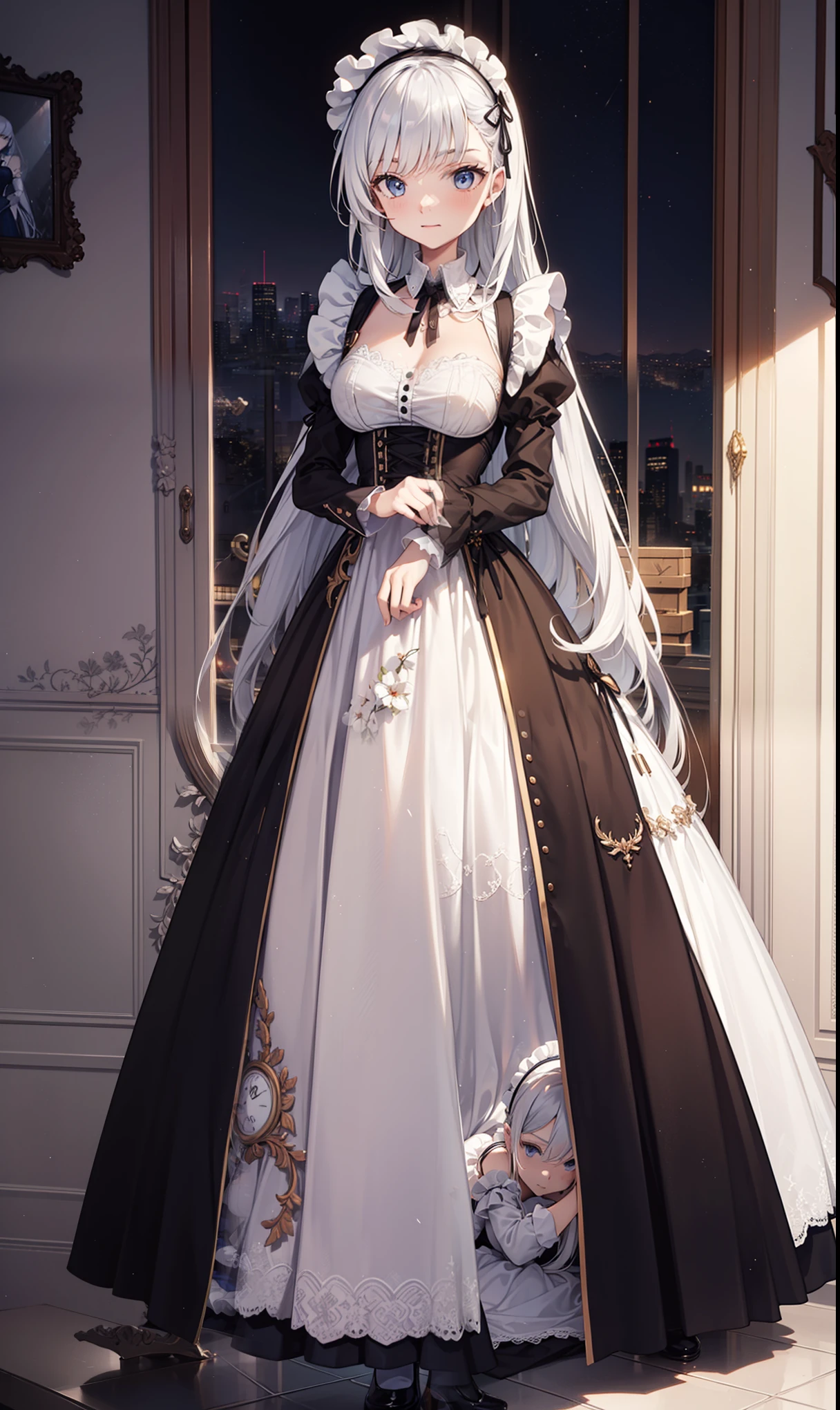 goddess,obsessed, Have Fun ,in love,( white transparent maid uniform, wearing a long dress ),Silver Hair,blue eyes,transparent clothes, beautiful hair accessories ,transparent lace,Sky blue pattern,night,Dress nicely,bedroom,Lonely,night, carved suspenders ,pretty face