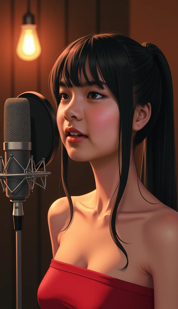 (masterpiece, Highest quality)、live house、Cute girl vocalist、Dark Eyes、Gorgeous lighting、Black Hair、Japanese women、Hand Microphone、head to waste、