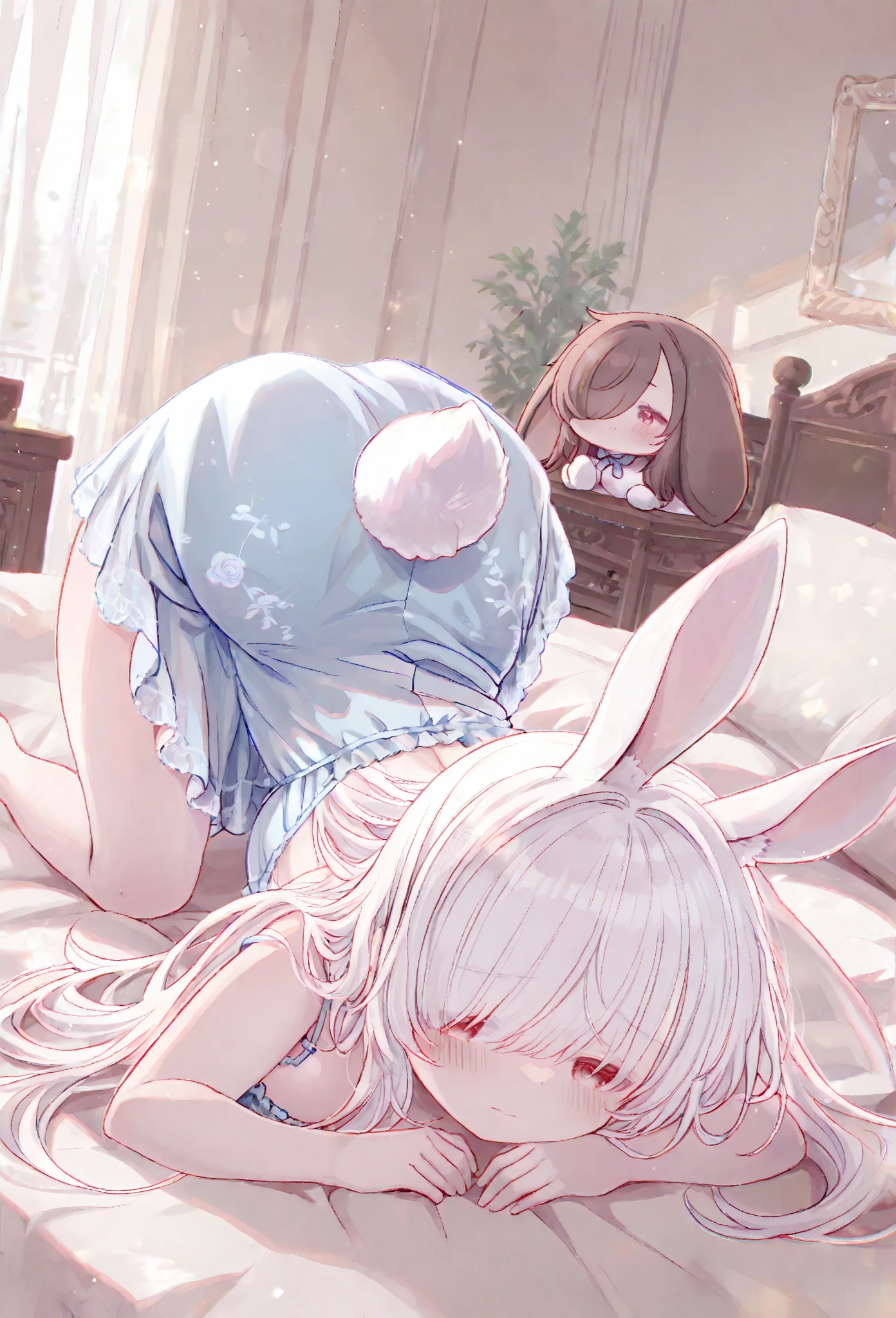 Close-up,Highest quality, Ultra Detail, High-quality CG rendering, The most delicate and beautiful, Floating softly, High resolution, (1 girl), (Highest quality,4K,8k,masterpiece:1.2) ,Light purple hair,(Rabbit ears:1.5),(Long Hair:1.4),Red eyes,(Completely naked:1.5),room,(On all fours in bed:1.5),Defeated,,(Slightly larger breasts:1.2),Sleep,Are sleeping,(Turn your back to your audience:1.3),Butt