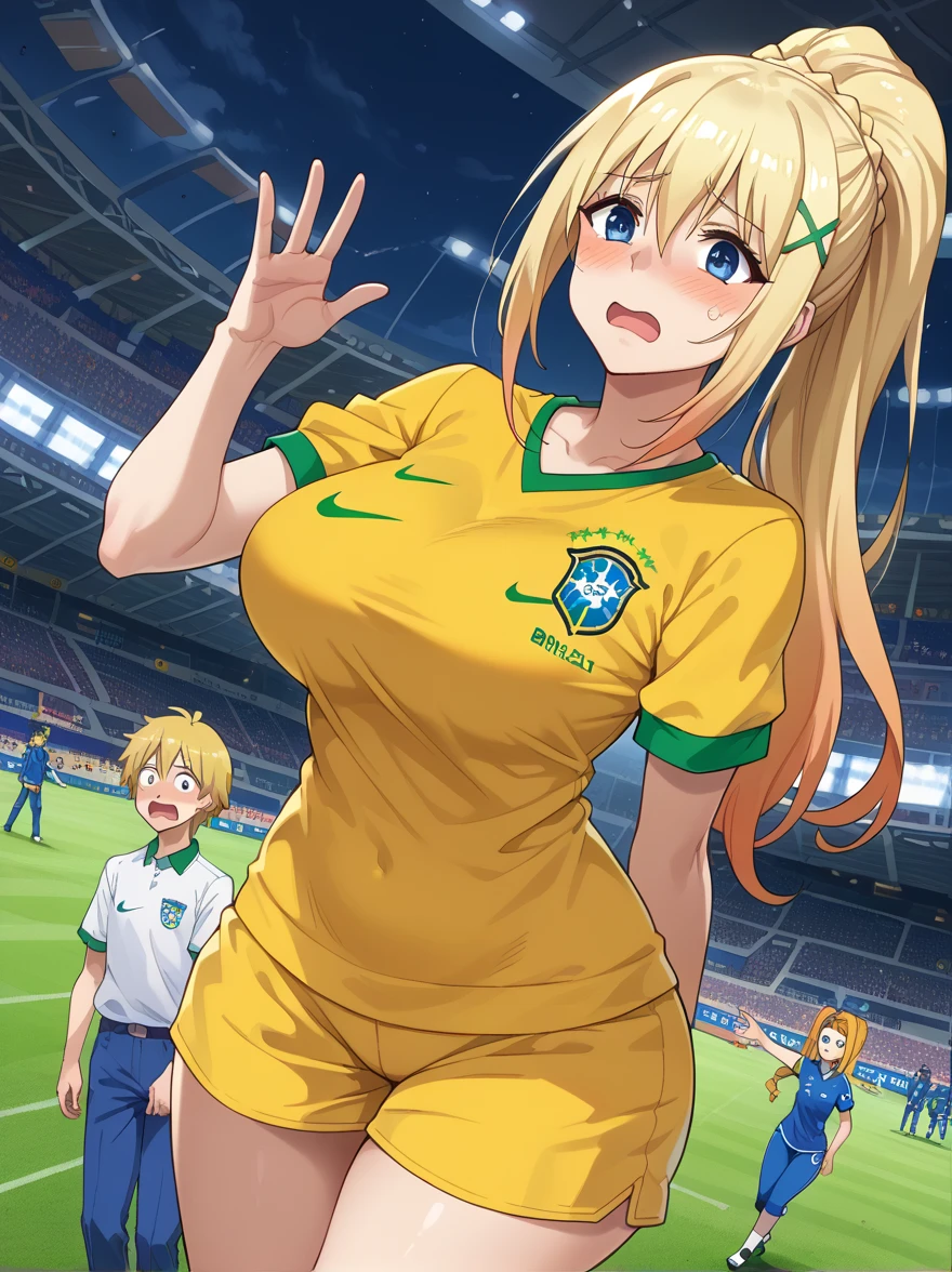 woman with Brazil football shirt, 25 years old, short denim shorts, realistic anime image, blonde pigtail hair, blue bows in her hair, necklace around her neck, doing ahegao, big breasts and ass, sitting on a chair, with tongue out, with face covered in cum