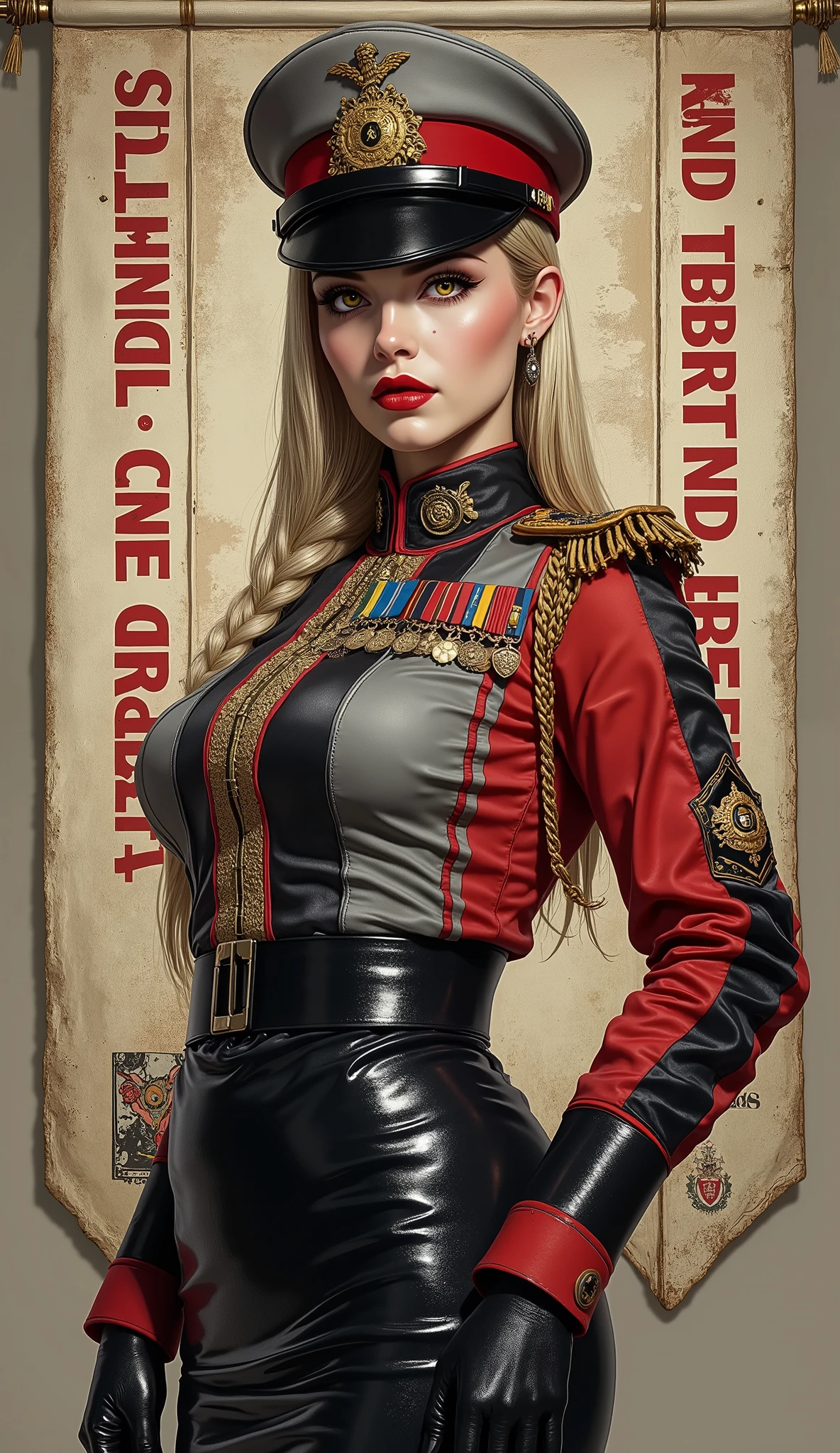 Detailed multi-colored proportions and textures with airbrushed brushstrokes presenting a semi-realistic illustration (in ink Chinese) A beautiful and strong young woman wearing an military uniform style epic fantasy, gothic armor where grayish black tones predominate, mixed with vivid colors (full body, with a confident and bold posture, playful gaze, bright golden yellow eyes, defined eyebrows, long eyelashes, perfect face, full lips, huge round breasts, flat stomach, wide hips, slim waist, thick thighs), Her long straight blonde hair is tied in a (long) braid falling down her back. Her uniform consists of a red, gray and white shirt beautifully decorated with military orders, decorations and medals, a tight high-waisted knee-length pencil skirt and an officer's beret decorated with a military police badge. In the background, a cloth army banner with bold red letters reading "GOD, EMPIRE, AND LIBERTY" and an image in the style of noble house emblems of a dragon with open wings. The composition, halfway between vintage and cyberpunk, of the overall image is a clean, crisp, and high-quality masterpiece. very balanced saturation across very defined color palettes (Color with intense monochromatic shaded tones and brightness, red hue 25% + yellow 25% + blue 25% + biofluorescent 12.5% + transparencies 12.5%. Aesthetic fusion by (Fibonacci ratio. A realistic doll of a young military woman. of a young military woman (Includes a variety of pink skin and dark beige tones that give it contrast and brightness) type of character. Fluid texture that gives the sensation of movement to the leafy style that molds to the figure (her clothing with relief and folds gives volume and depth to the character). Haute couture photoshoot (high quality full body). Highly detailed and sharp soft focus, approaching perfection, Full HD 8K. High and low angles. by Coco Chanel, Gianni Versace, Alberto Vargas, Greg Rutkowsk fusion of artistic styles.