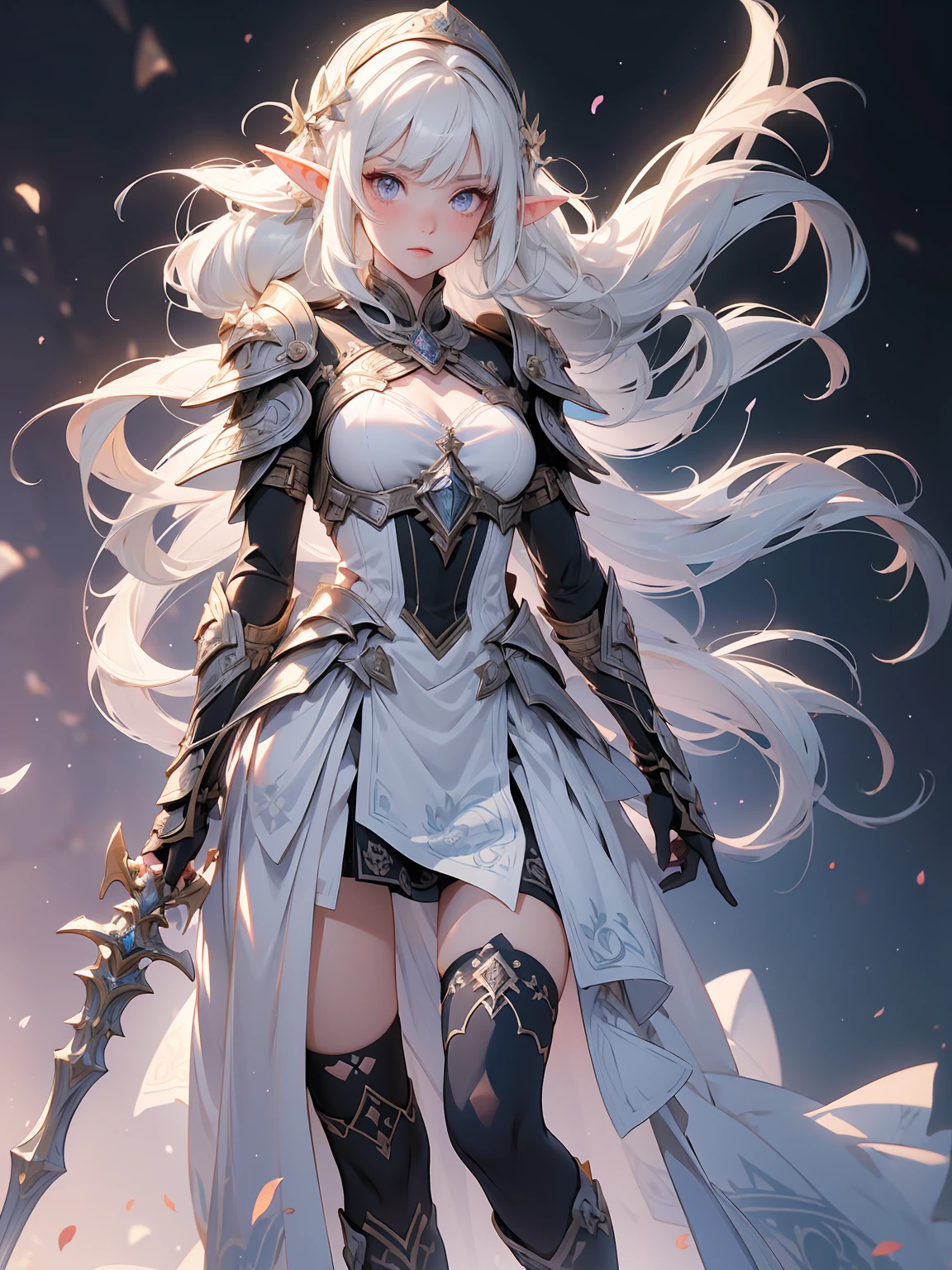 masterpiece:1.4, best_quality:1.4, (very big white eyes:1.2), (very long white hair:1.4), very long hair, battle armor, whtie long dress, bishoujo, white eyes, (midium breasts:1.3), star eyes, shiny eyes, perfect details, 1girl, ice palace, elf ears, snow elf, pure white skin