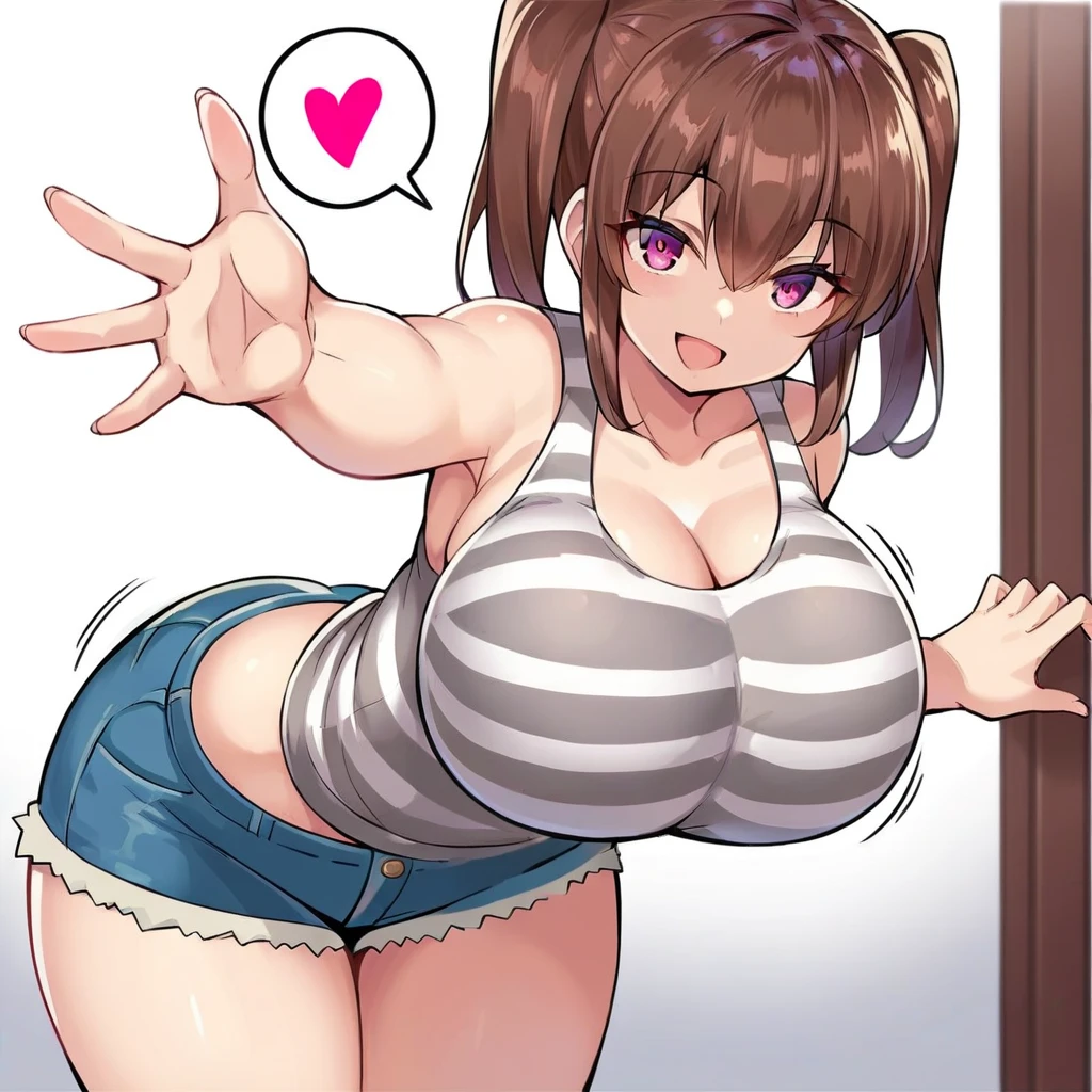 1girl, solo, two heads, conjoined, looking at viewer, kissing, middle finger, Uraraka Ochako, thick_eyebrows blush_stickers, brown_hair, brown_eyes, short_hair, sideburns, shiny hair, medium breasts, skindention, white swimsuit, score_9, score_8_up, source_anime, beach background