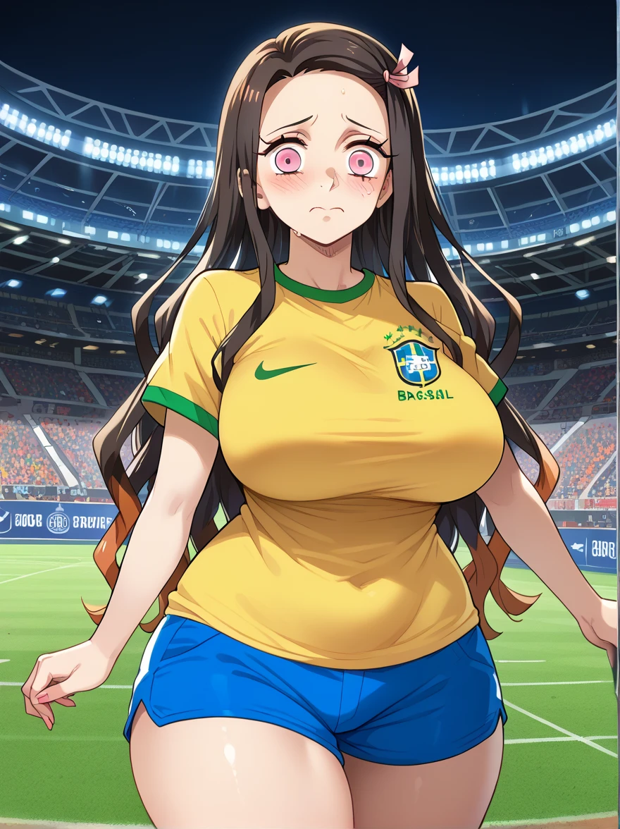 ((Masterpiece)), perfect anatomy, perfect shading, field of depth, (best quality), extremely delicate and beautiful, perfect lighting, detailed face, ultra cute face, cute, (cowboy shot 1.2), looking at viewer, full body, (((1girl))), (((solo))), cheerleader

 long hair, fluffy hair, brown hair, green eyes, ((blush))), embarrassed, worried, (cheerleader uniform), (blue and white tank top 1.2), (short section skirt 1.2), thigh highs, chocker, extremely tight clothes, large breasts, cleavage, perky breasts, (((wide hips))), ((thick thighs)), ((big butt)), ((plump)), chubby belly, fat rolls, belly hang, she has a jiggly belly,

football field, intricate background, detailed background, sweaty, out of breath