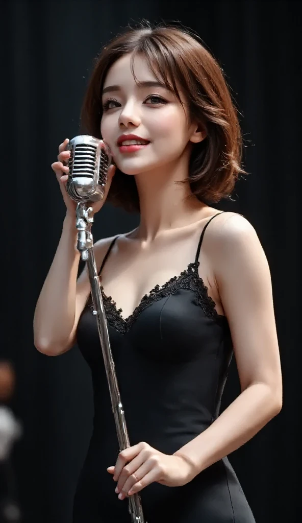 One woman. Beautiful woman, various poses, glamorous stage, spotlight, mage dress, microphone stand, diffuse reflection, side view, short bob, wet hair, brown hair, brown eyes, smile, small bust, red cocktail, singing, singer