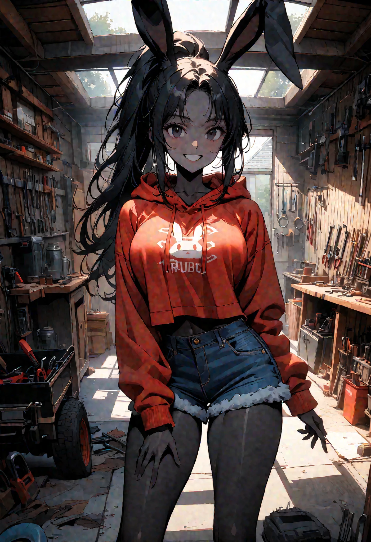day, sunny, suburb, black skin, garage, open door, tools, workshop, 1990s pickup truck, red truck, comfy, driveway, POV, foreshortening, rags, slightly messy, indoors, detailed, house, 4x4, 1girl, female, tomboy, rabbit girl, black skin, long hair, ponytail, black hair, bright black eyes, oversized hoodie, denim shorts, close up, shapely thighs, tall, curvaceous legs, broad shoulders, close up, fun, bunny ears, huge rabbit ears, black fur, large breasts, looking at viewer, fluffy denim shorts, wide smile, slim, warm light, black fur, female focus, closeup
