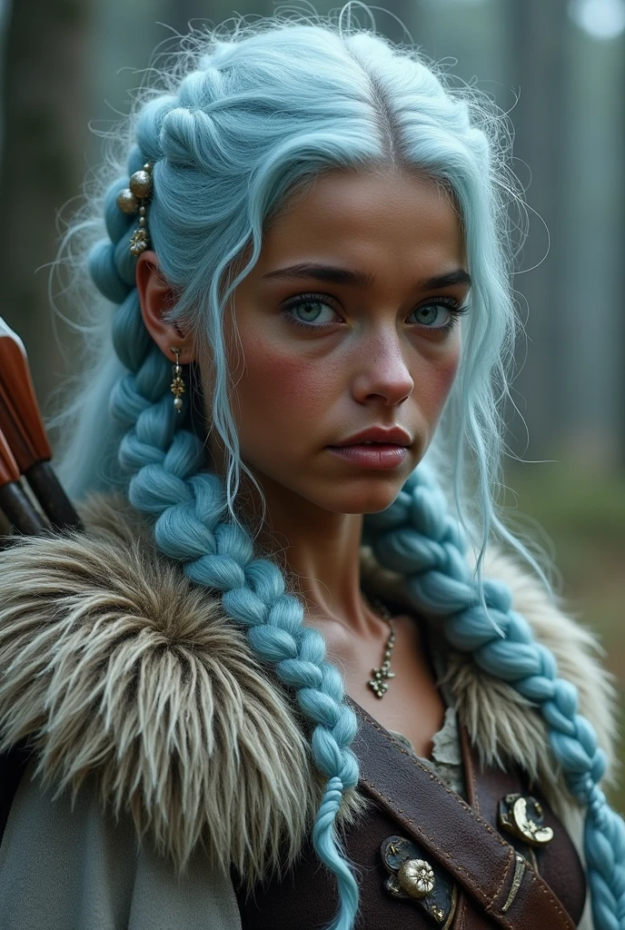 a young girl, orange sleeves, white hair, fair skin, light blue hair accessories, blue spaghetti straps, blue dress, light blue eyes, barefoot, twin braids, (best quality,4k,8k,highres,masterpiece:1.2),ultra-detailed,(realistic,photorealistic,photo-realistic:1.37),detailed facial features, extremely detailed eyes and face, high quality portrait, natural lighting, warm color tones, soft focus background, beautiful detailed eyes, beautiful detailed lips, longeyelashes, detailed clothing folds, intricate hair strands, realistic skin texture