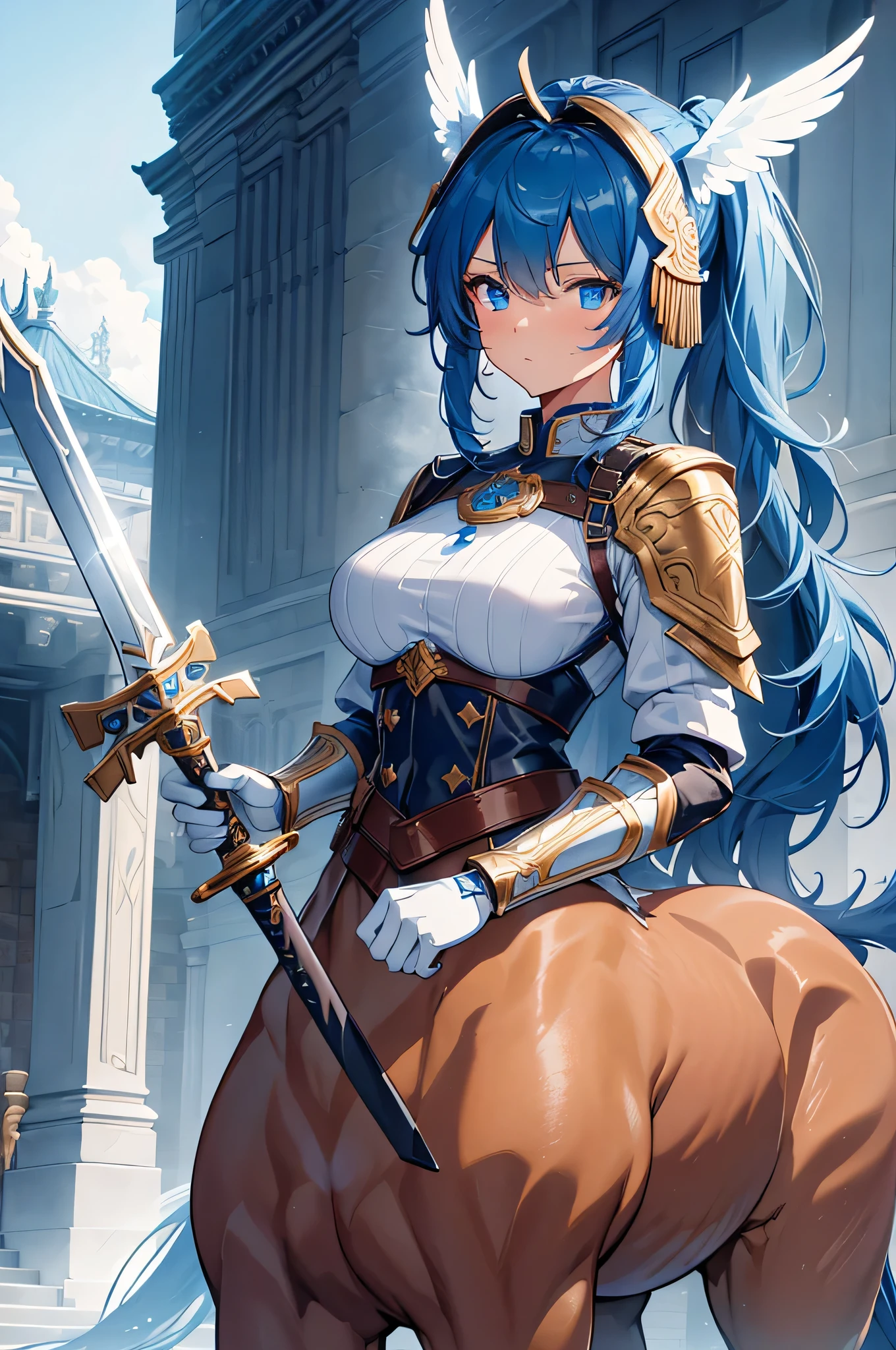 A legendary and beautiful Viking warrior carries an impressive axe and a large round shield. She is in an outdoor temple on a clear, windy day. She is very beautiful, somewhat muscular, wearing runic tattoos all over her body.