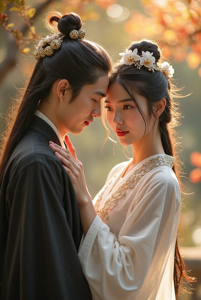 (A couple, beautiful girl and boy), big watery eyes, looking at each other, smiling and wearing white clothes, delicate hair, an ancient Chinese beauty and Handsome guy, wearing ancient Chinese clothing, flowing tulle, light silk,(clean background), ink painting style, clean color, decisive cutting, blank, freehand, masterpiece, super detailed, epic composition, high quality, the highest quality, 4k