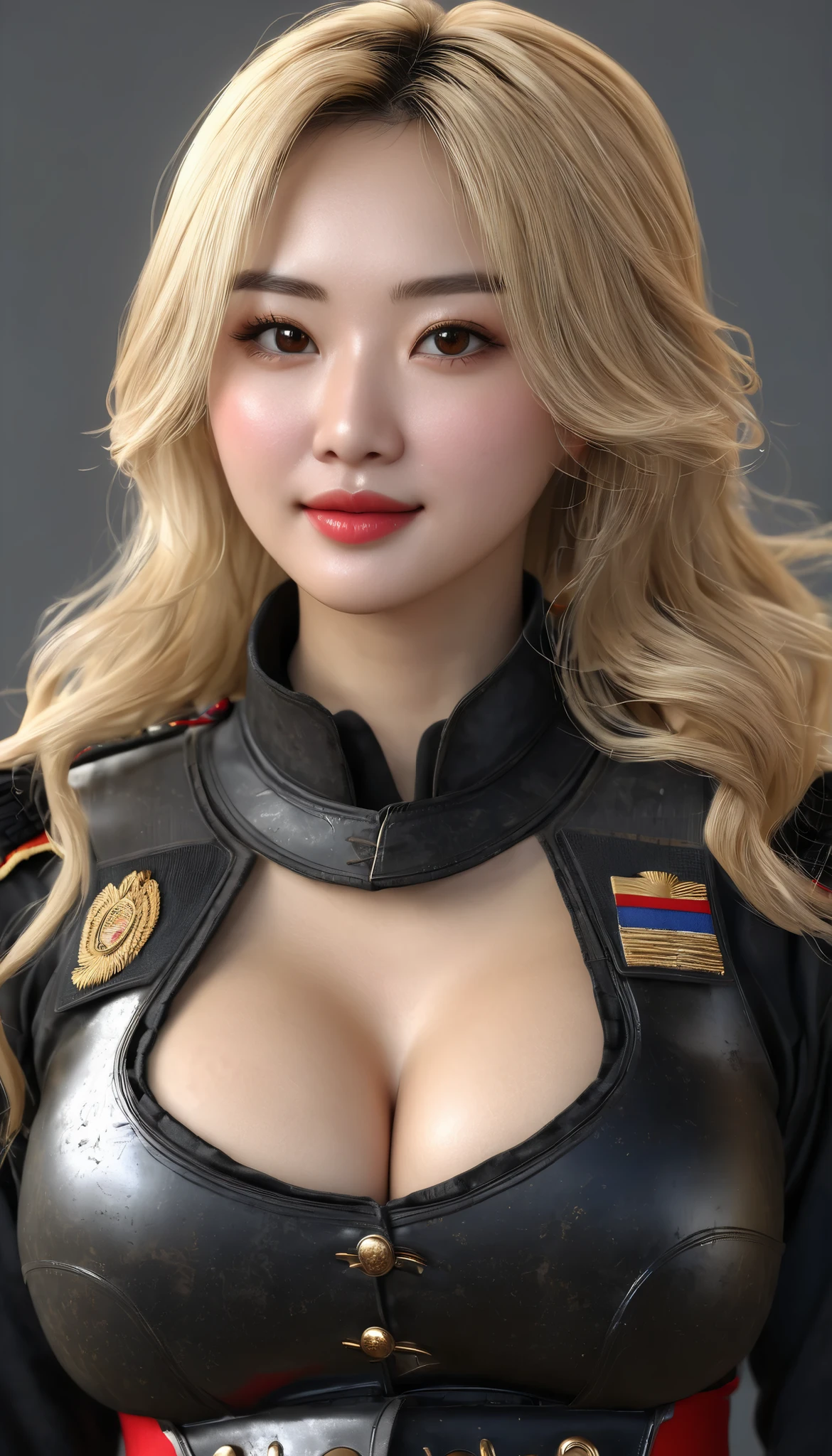 (((Hyper Real)))、(((超未来的な陸軍Female Soldier)))、きれいなFemale Soldier　High resolution　Realistic　(((blonde mature)))、(((Big big boobs)))、Fine skin、超High resolution、Realistic、Plump figure、smile、Beautiful middle-aged woman、Beautiful female army soldier 、Beautiful brown eyes、Fluffy long hair、非常に繊細でFine skin、３５Former Army soldier woman、(A very futuristic command center.)、Female Soldier、(((Big big cleavage)))、Bright red lips、(Wearing combat uniform)、