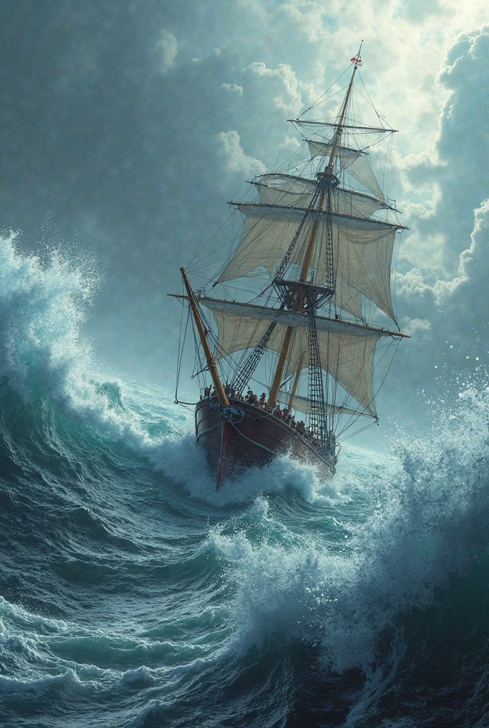 (8k) , ( details) , ( angle looking at the ocean from above the ship {x} a ship traveling through the raging Strait of Magellan :1 . 2 )) , ( ( ( splashes on the crew:1 . 3) , ((buzzing triangular waves:1 . 2 )、 (Representative works) 、 (pictures) 、 RAWpictures 、 winning work、 ( degrees:1 . 5)) , ((The ship is almost４５tilting at an angle of : 1 . 3)))、(Photorealistic))、