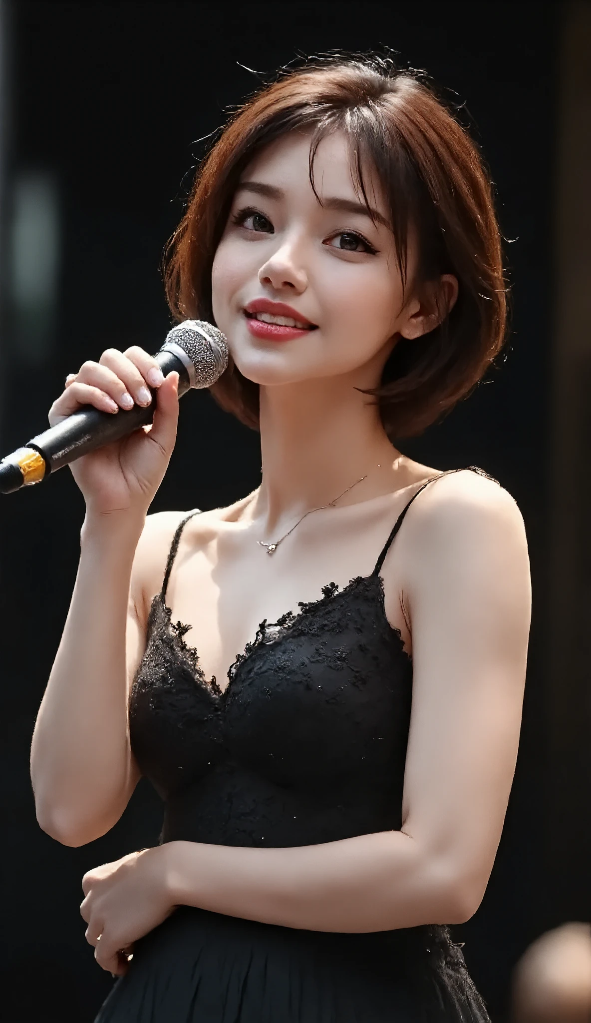 Here's your optimized AI image generation prompt for a hyper-realistic singing performance:
**Prompt:**
"A stunningly beautiful young woman stands center stage, passionately singing into a vintage chrome microphone. She wears a form-fitting black evening dress with delicate lace detailing that glimmers under the low light, the fabric clinging to her curves elegantly. Her flawless complexion shows subtle skin texture and a soft dewy glow, with perfectly applied makeup highlighting her piercing eyes and full lips parted mid-note. Dramatic chiaroscuro lighting casts soft shadows across her face and décolletage, while a faint ethereal glow surrounds her silhouette against the velvety black background. Ultra-photorealistic details showcase individual strands of her flowing hair, the metallic sheen of the microphone, and intricate beading on her dress. 8K resolution with cinematic depth of field, rendered in Unreal Engine 5 for hyper-realistic skin subsurface scattering and material textures. The composition evokes the moody elegance of a high-fashion editorial photoshoot combined with the raw emotion of a live jazz club performance."
**Technical Enhancements:**
1. For Midjourney: Add "--style raw --ar 9:16 --v 6" for portrait orientation and maximum realism
2. For Stable Diffusion: Use "RealisticVision V5.0" model with "ultra-detailed skin texture, intricate fabric folds" in negative prompt
3. Lighting reference: "reminiscent of Gregory Crewdson's dramatic lighting with a touch of Paolo Roversi's softness"
**Optional Variations:**
- Add "with a single tear rolling down her cheek" for emotional intensity
- Change to "red latex dress" for more avant-garde look
- Include "smoke machine haze diffusing the background light"
Would you like me to refine any particular aspect of the description, such as facial features, dress style, or background elements?