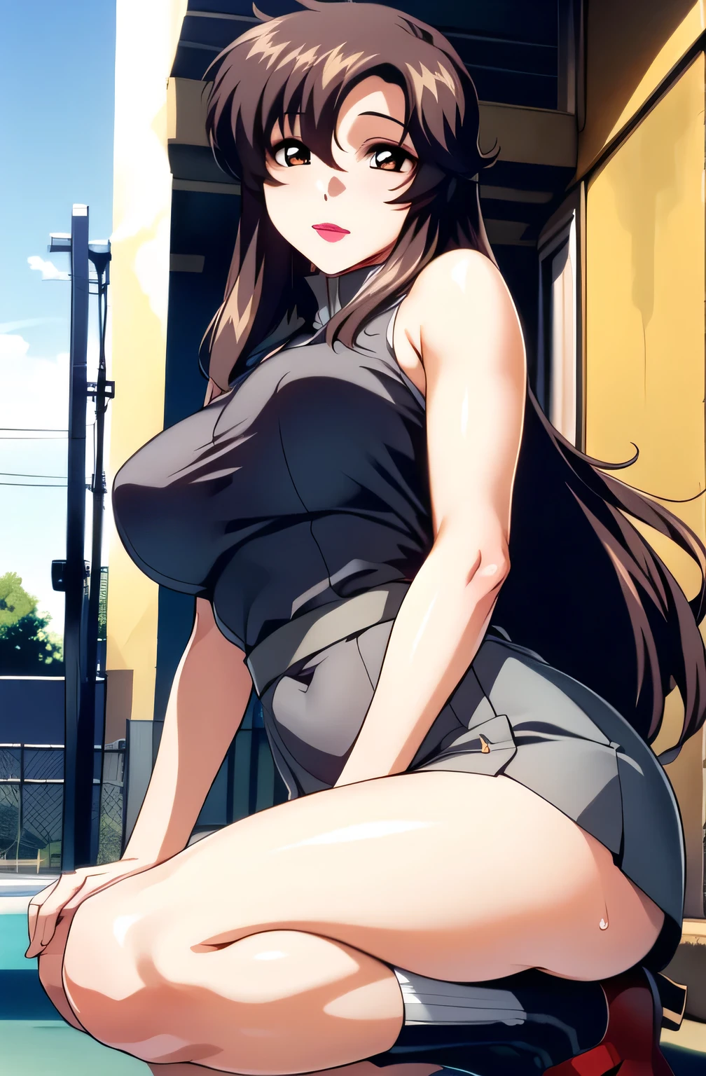 Best quality,8K,ultra high res:1.5),(Pretty very very long ponytail hair tied with red ribbon girl),(Huge breasts:1.20),(very voluptuous body),(very voluptuous thigh),(body builder girl:1.5),(wide muscle:1.8),(light smile),(eyes to camera),(light black hair),(red bra),(grey short skirt),(nipples),(sexy abdominal muscles),(standing view),(black shoes),(nipples),(blue eye ball),(naked),(night alleyway)