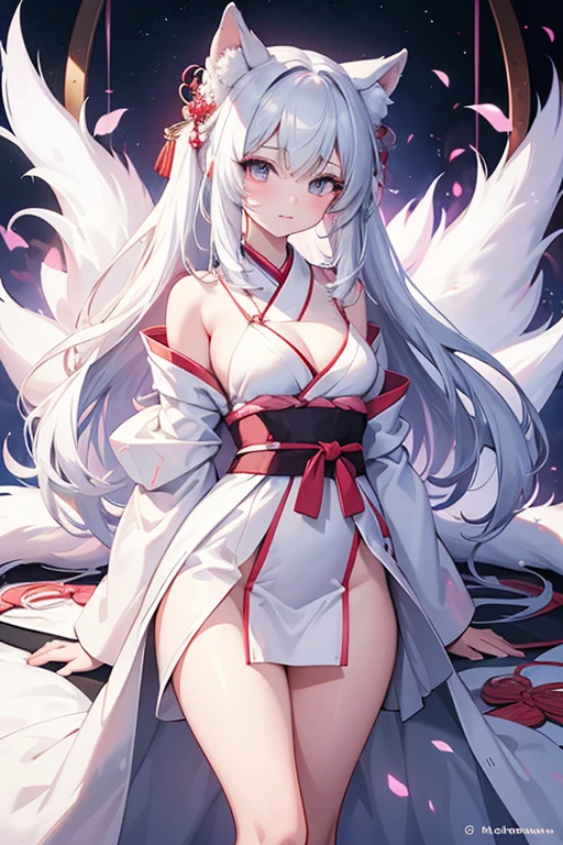 (Masterpiece), (Top Quality Anime Illustration), (Super Definition), (Super Detail), One Girl, Solo, Silver-haired Beautiful Girl, Anime Loli, Cat Ear Loli, Red and White Priestess Costume, Red and White Hakama, Lori Priestess, Smile, Small Breasts, Cleavage Emphasis, Underboob, Thighs, Cherry