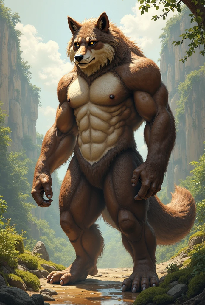 A humanoid wolf with a lot of muscles.
light fur.
Electric green thong swimsuit that is very tight.
With very very very big testicles.
In a forest.
Much bigger muscles.
