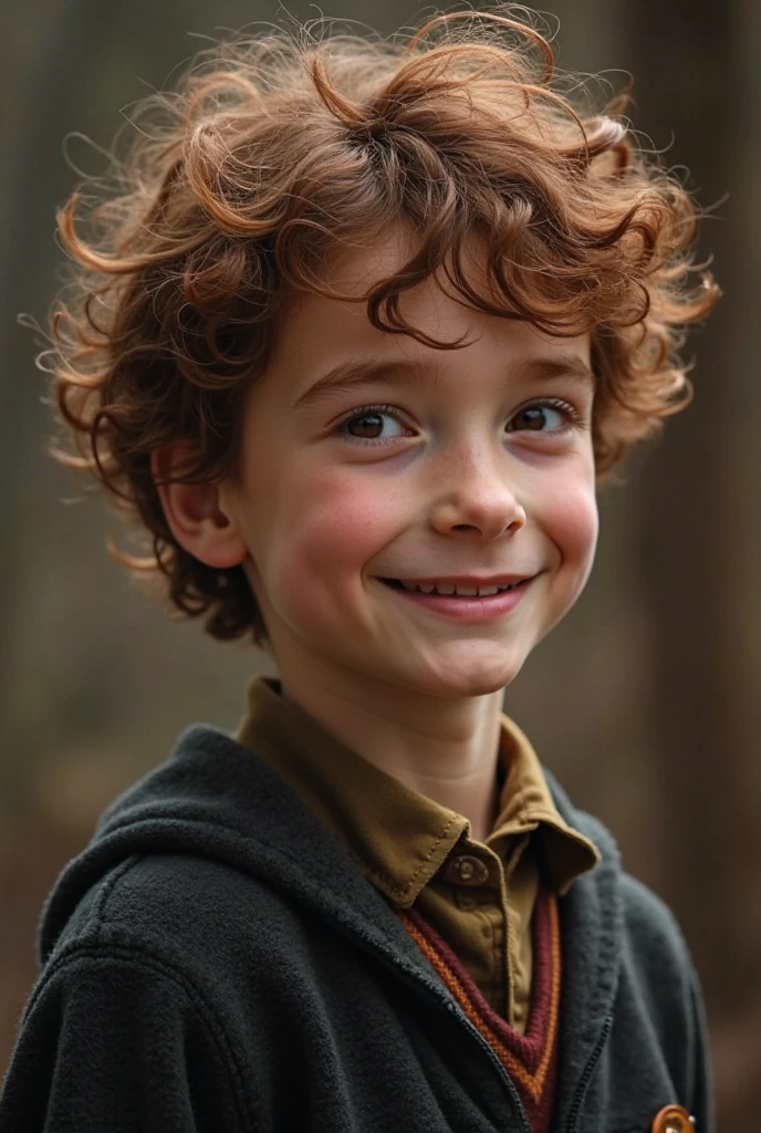 A boy with dark green, curly, and fluffy hair. He has wide green eyes, and freckles on his cheeks. He has a determined smile on his face.