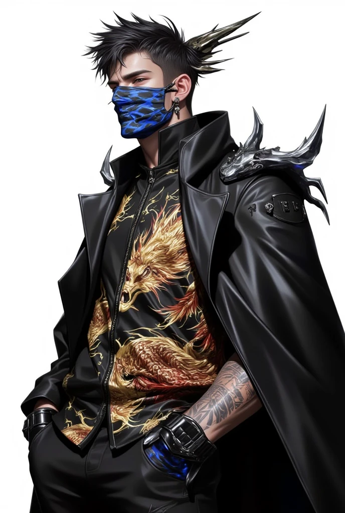 A person wears a face shield（Para cobrir seu rosto），With a dagger in his hand，Handsome，rogue，Sense of oppression，Full body photo，Don't take a headshot，Ronin samurai hairstyle，short detailed hair，Hair color is white，Upper body nudity，Tattooed with，Muscular，rule 34