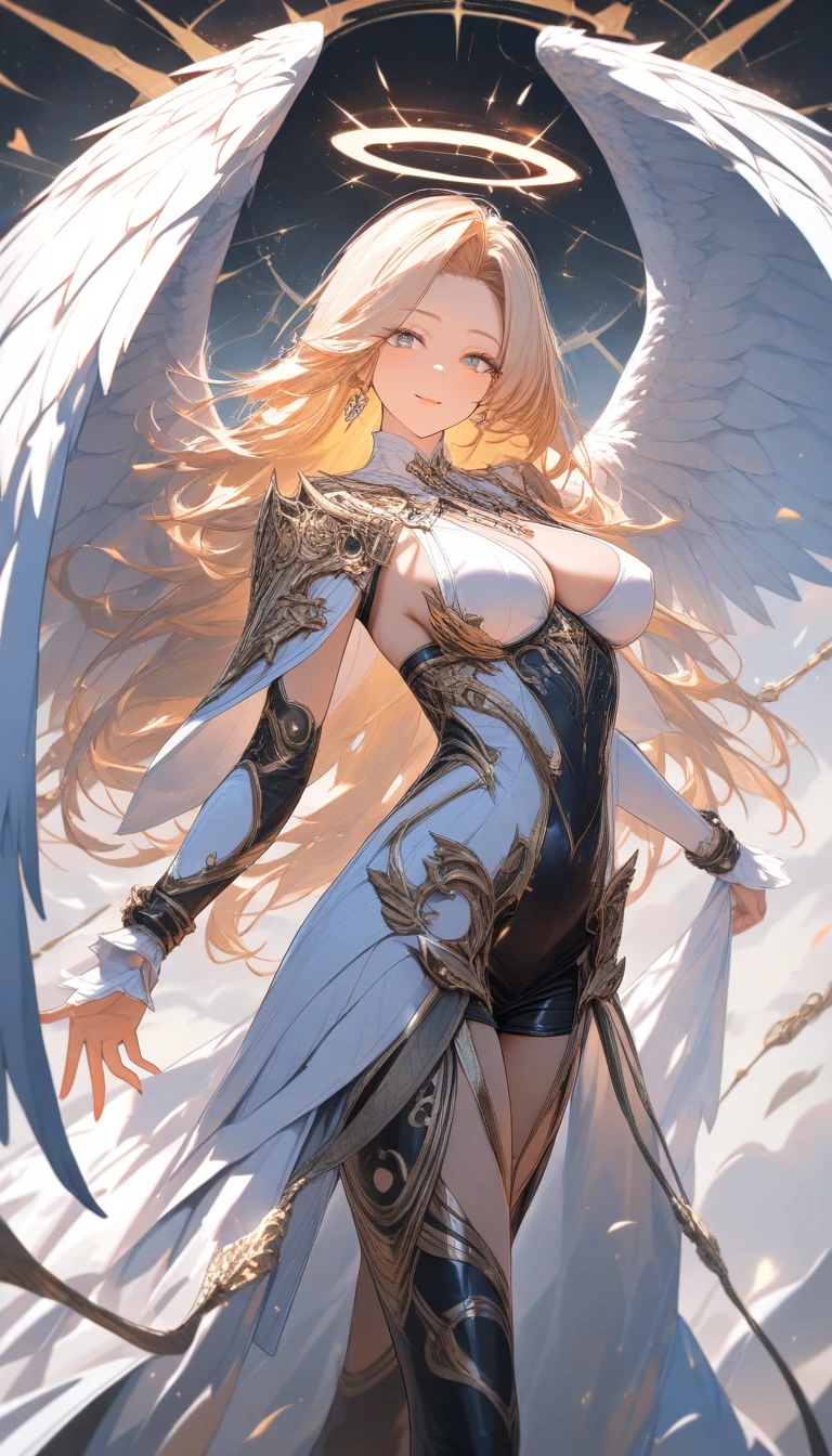 ((Highest quality)),(Ultra-high resolution),(Super detailed),(Detailed Description),((The best CG)),(masterpiece),Highly detailed art,(Art with precise detail:1.5), (Female angels:1.5),(Beautiful and well-proportioned face:1.3),(Dazzling angel halo:1.6),(Large, multi-layered wings:1.7),(Front opening:1.8),(Super High Leg Cut:1.6),(Big Breasts:1.9),(See-through:1.6),(Jewelry Accessories:1.5),(smile:1.3), god々Shii:1.5, Particles of light:1.6, Wind Manipulation:1.4, Soaring Feathers:1.4,