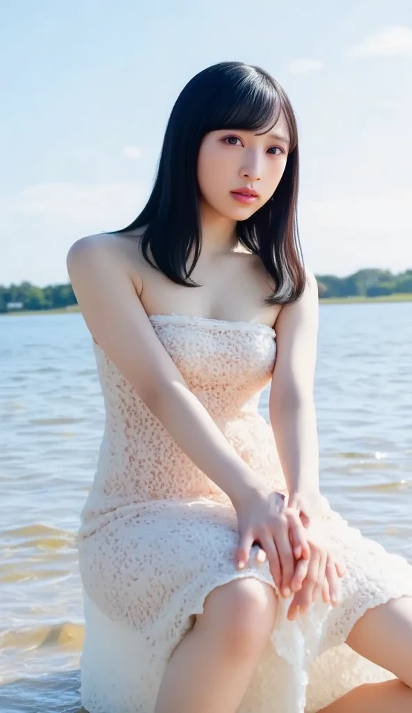 Japanese female, a lot of details, (underweight), detailed black hair, beautiful detailed hair, super fucking beautiful, delicate beautiful face, complex details beautiful and delicate eyes, perfect hands, (flat chest best quality:1.5), perfect and delicate limbs, detailed skin, best quality, ultra-detailed,(cheerful grin:1.3),
sky, (cloud texture), (floating:1.4), sitting, (white dress), in the clouds, full body shot, low angle shot