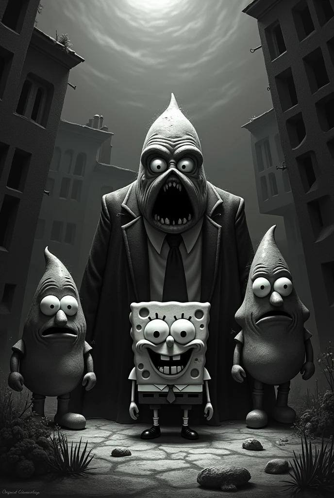 The same thing but with SpongeBob characters and the photos in black and white or with dark tones