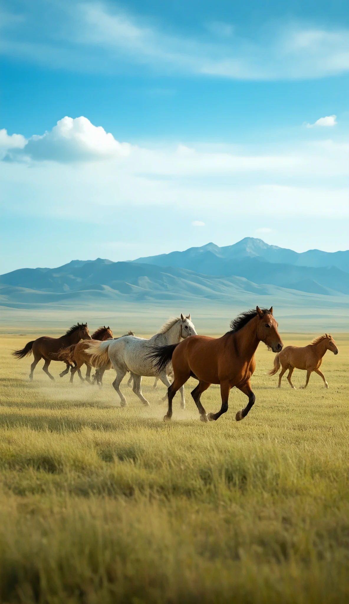  in high-definition images、What I'm imagining、Images of the Great Plains of Central Asia、bright colors、Strong style of spectacular dramatic expression、Several wild horses run around on the blue prairie、The Great Plains Up to the Horizon、Gentle Grass Drifting in the Wind、PREMIUM QUALITY ENVIRONMENT、Shandana Scenery。