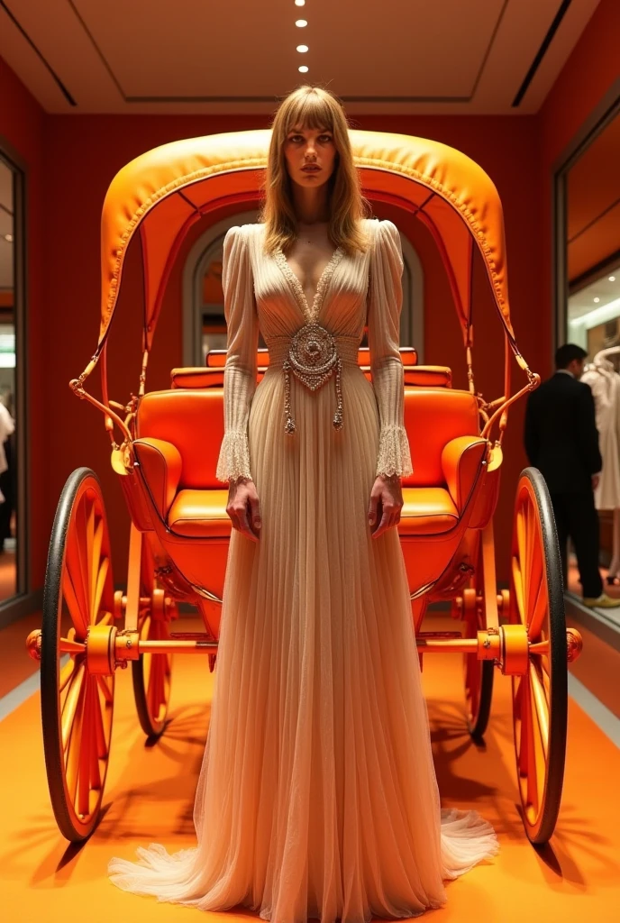 An elegant strawberry blonde emerges from a vintage Rolls-Royce onto the iconic red carpet, the train of her ornately embroidered couture gown cascading gracefully behind as paparazzi flashes reflect off every meticulously set ruby and diamond.