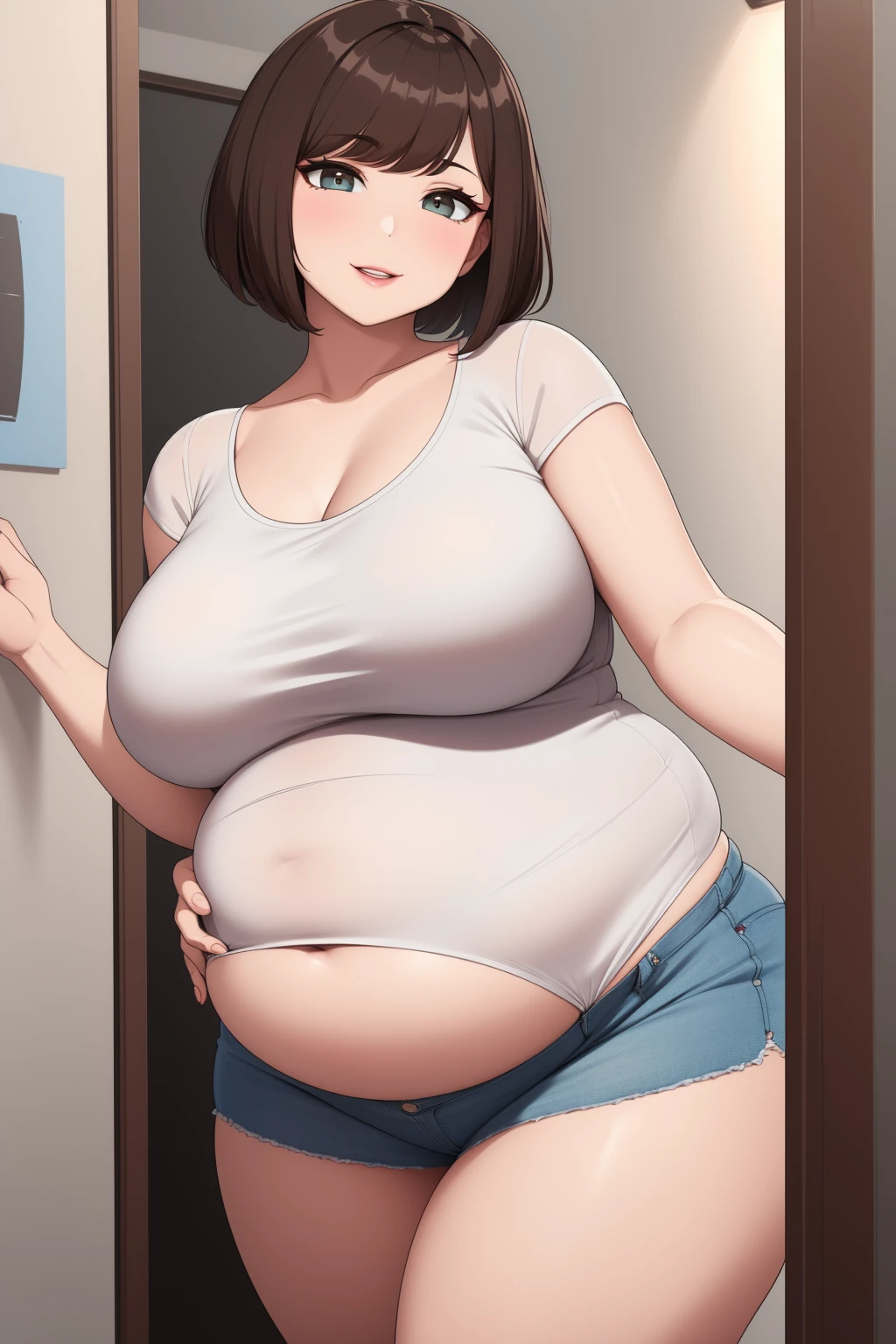 (((kipteitei art))), ((masterpiece)), (((best quality))), ((ultra-detailed)), (((illustration))), detailed face, detailed body, ultra cute face, (((1girl))), ((solo)), ((Line art)), (in the style of cell shaded), (vivid colors), skindentation, medium hair, brown hair, ponytail, blue eyes, (((fluffy hair))), looking at self, nervous, embarrassed, (blush), ((white crop top)), jeans, (((tight jeans))), undersized clothes, (medium breasts), cleavage, perky breasts, (((wide hips))), ((((thick thighs))))), (pudgy), (belly hang), (((soft belly))), school hallway, 20 year old girl, sitting, sitting on a small chair, hands grabbing her belly, grabbing her own belly,