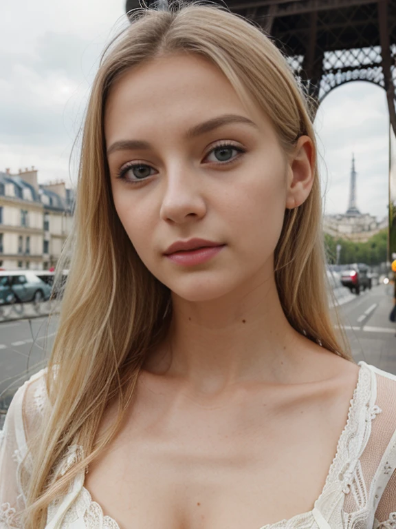 ((best quality)), ((masterpiece)), (detailed) blonde beautiful woman, perfect face, blonde, green eyes, tall and fit, long hair style, having big tits, being dressed in a short coral pink dress, in Paris, near eiffel tower, having a charming smile, looking into the camera