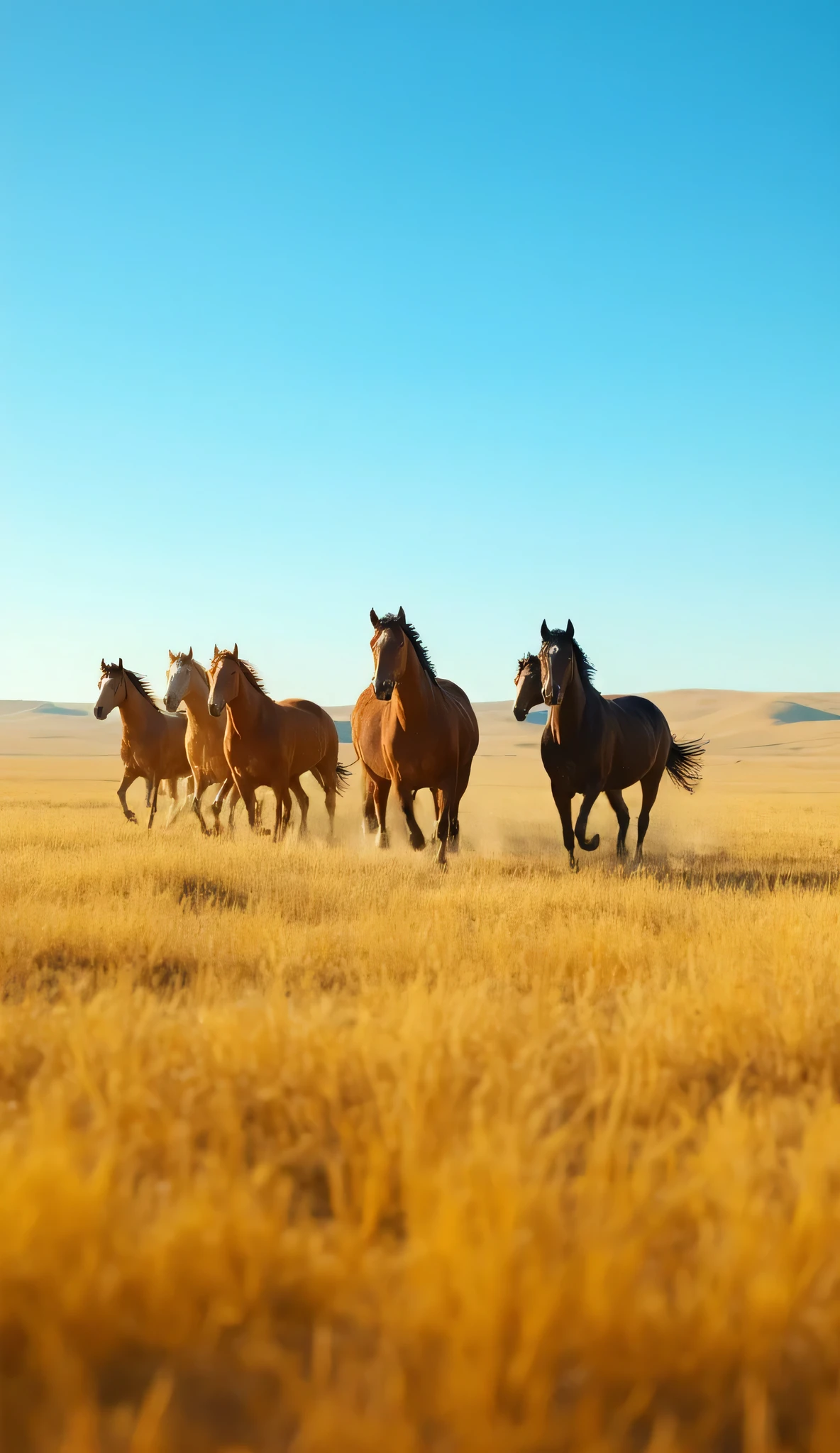  in high-definition images、What I'm imagining、Images of the Great Plains of Central Asia、bright colors、Strong style of spectacular dramatic expression、Several wild horses run around on the blue prairie、The Great Plains Up to the Horizon、Gentle Grass Drifting in the Wind、PREMIUM QUALITY ENVIRONMENT、Shandana Scenery。