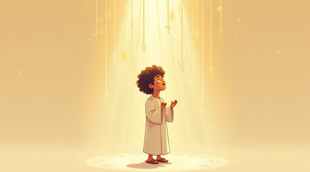 Pixa Disney cartoon from biblical times, Many happy 6 year old boys in heaven in the Garden of Eden, filled with beautiful curls and flowers, dressed, like in biblical times, in white robes in the west..