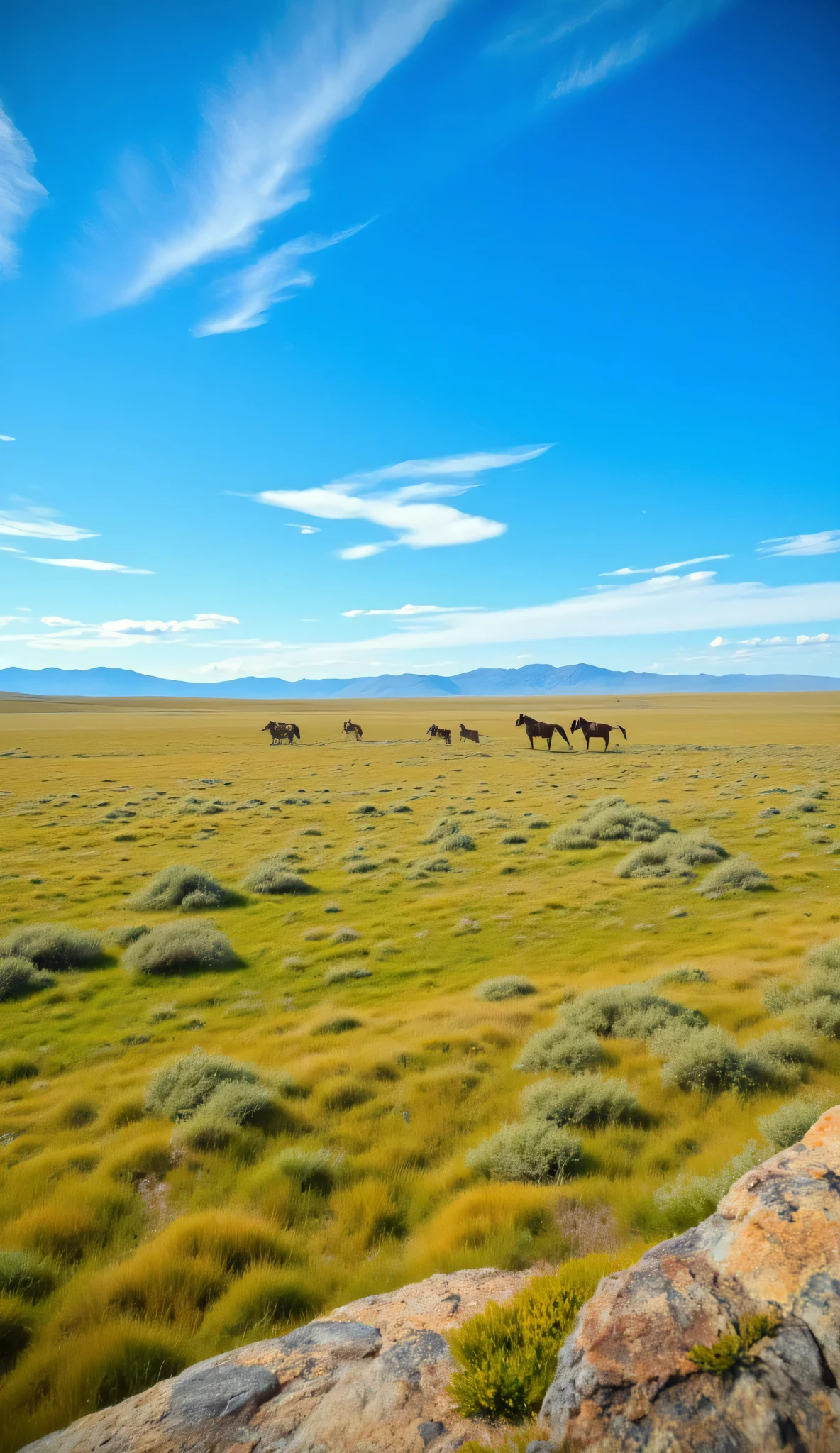 I'm imagining、What I'm imagining is、images of the Great Plains of Central Asia over Mongolia、bright colors、Spectacularly dramatic expressive style、A few wild horses running around a blue grassland that looks small、Great Plains stretching to the horizon、Calm grass drifting in the wind、Premium quality environment、Scenery of Shandana。