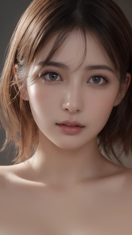 masterpiece, best quality, ultra-detailed, facing the camera head on, intricately detailed hyperdetailed, realistic, sharp features, highly detailed, sharp focus, perfect face, perfect face, perfect symmetrically perfect eyes, perfect full lips, flexible female form, cinematic, film light, hyper detailed, hyper realistic, dynamic studio lighting, nsfw, ((Dark background)), Sexy face, Facial expressions when receiving pleasure, straight Bangs,