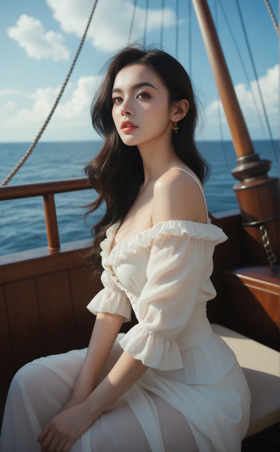 A beautiful, detailed, photorealistic portrait of a young, cute Korean girl standing on the deck of the RMS Titanic in 1913, wearing an above-the-knee length dress, with extremely detailed facial features, large expressive eyes, high-quality rendering, cinematic lighting, intricate fabric textures, and a nostalgic, romantic atmosphere, upper body shot, bright skin, very beautiful atmosphere, detailed dress, detailed Titanic ship view, realistic Titanic ship, realistic atmosphere, every thing is realistic, explore very big deck of the RMS Titanic ship, iceberg near Titanic ship, cutest smile, realistic smile