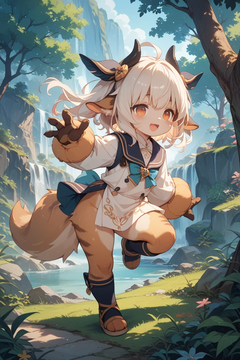 ((masterpiece, best quality)),furry, animal ears, tail, bodyfur, 1boy, animal_ears, blonde_hair, blue_eyes, depth_of_waterfall, outdoors, rabbit_ears, rabbit_tail, top_hat, on_the_rock,