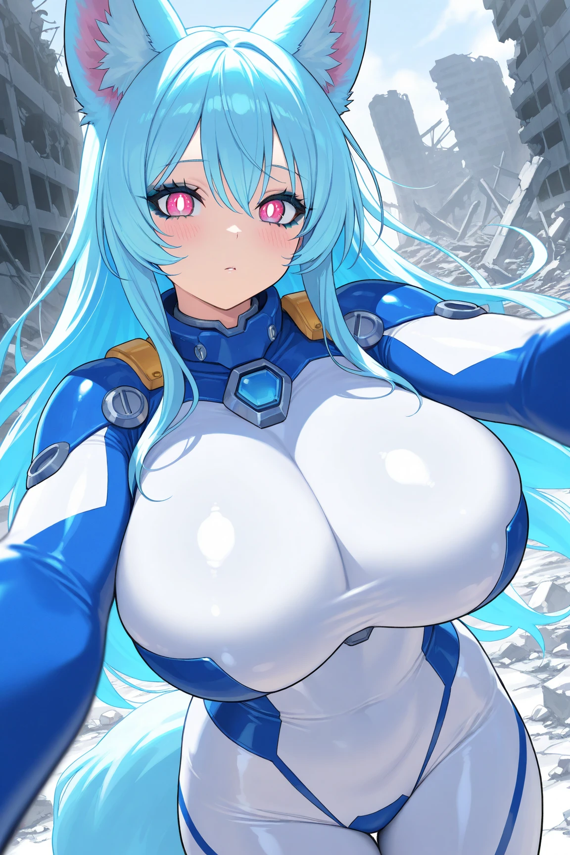 young woman, 21 years old, Science fiction, very curvy hips, big breasts, high tech suit, long blue hair, carefree smile,