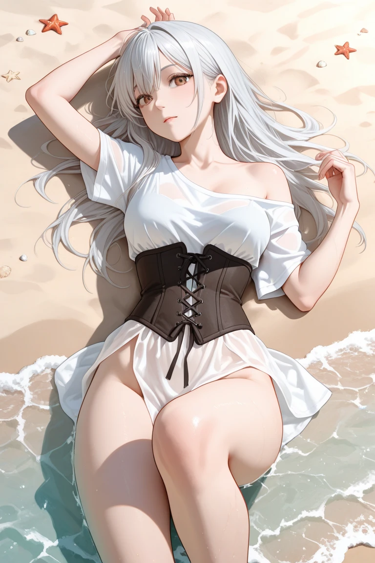 I gril, with long hair and slightly curly wearing a white bikini, but half the nipple of her breasts is sticking out, the panties are making mark, lying on her stomach with the legs of thick thighs are ebert, she is groaning in pain with a viscous, white liquid oozing down her body, ( artwork ),  pretty, show off --auto --s2