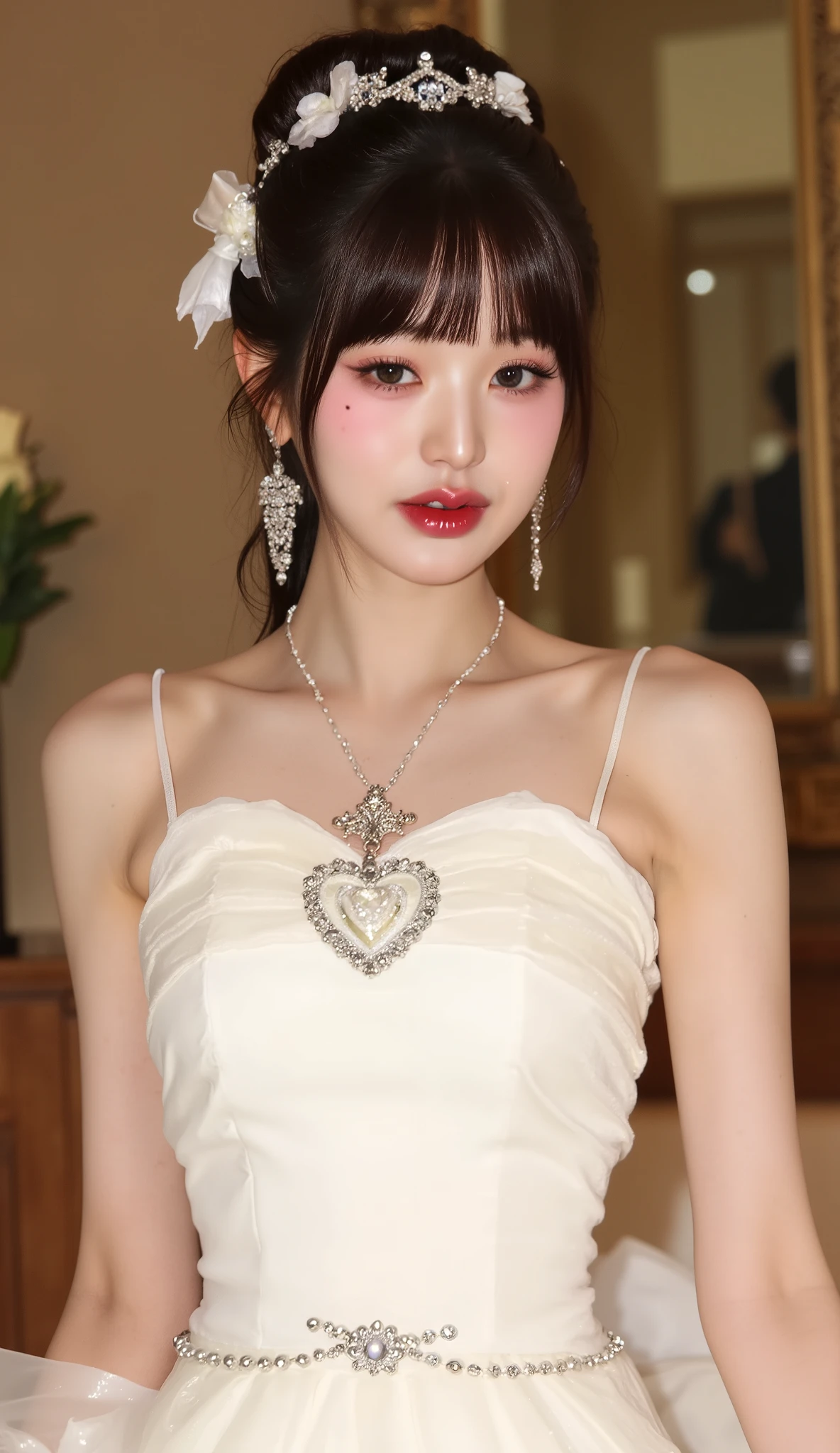 8k, masterpiece, full body, RAW photos, best quality,k1girl, j-cup busty  、big breast, (( top quality and the back is fully nude , 8k,   ultra-detailed face, ultra realistic,   Beautiful asian woman , (Best quality, 8k, 32k, Masterpiece, UHD:1.2),Photo of Pretty Japanese woman, 1girl, (medium-short dark brown hair), double eyelid, casual white dress, fashion model, luxury room, upper body, big breast, Tokyo, faint smile, mole under left eyes, mole in breasts, breast ((naked)), wearing random luxurious fashion, in a luxurious palace, randomly luxurious hairstyle, princess,