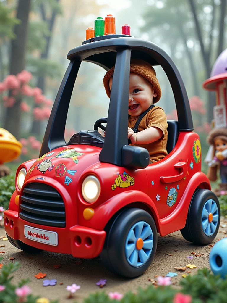 a happy little boy playing with toys in the back of a minivan. simple art inspired by Studio Ghibli's visual style
