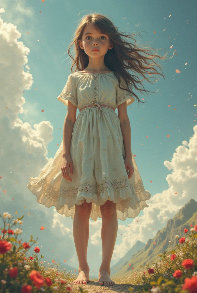 (1boy), solo, 5yo_boy, jewish, brown-hair, (long-hair:1.3), photo(medium), wearing(white-long_sleeves-dress), background(heaven, cloud), (blurry_background:1.5), (photorealistic, absurdres, best_quality:1.5),